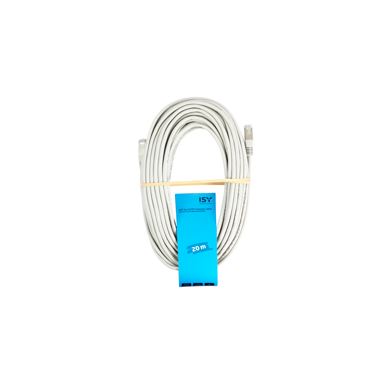 A white network cable, coiled and held with a rubber band, is next to a blue label. The label indicates the cable's length as 20 m.