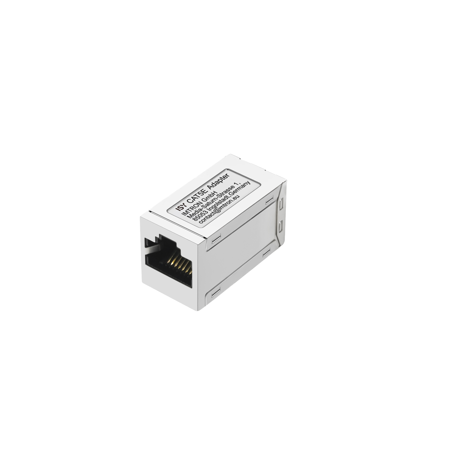 Een witte ISY CAT5E-adapter op een zwarte achtergrond. De adapter heeft een connector en tekst met IMTRON GmbH.
