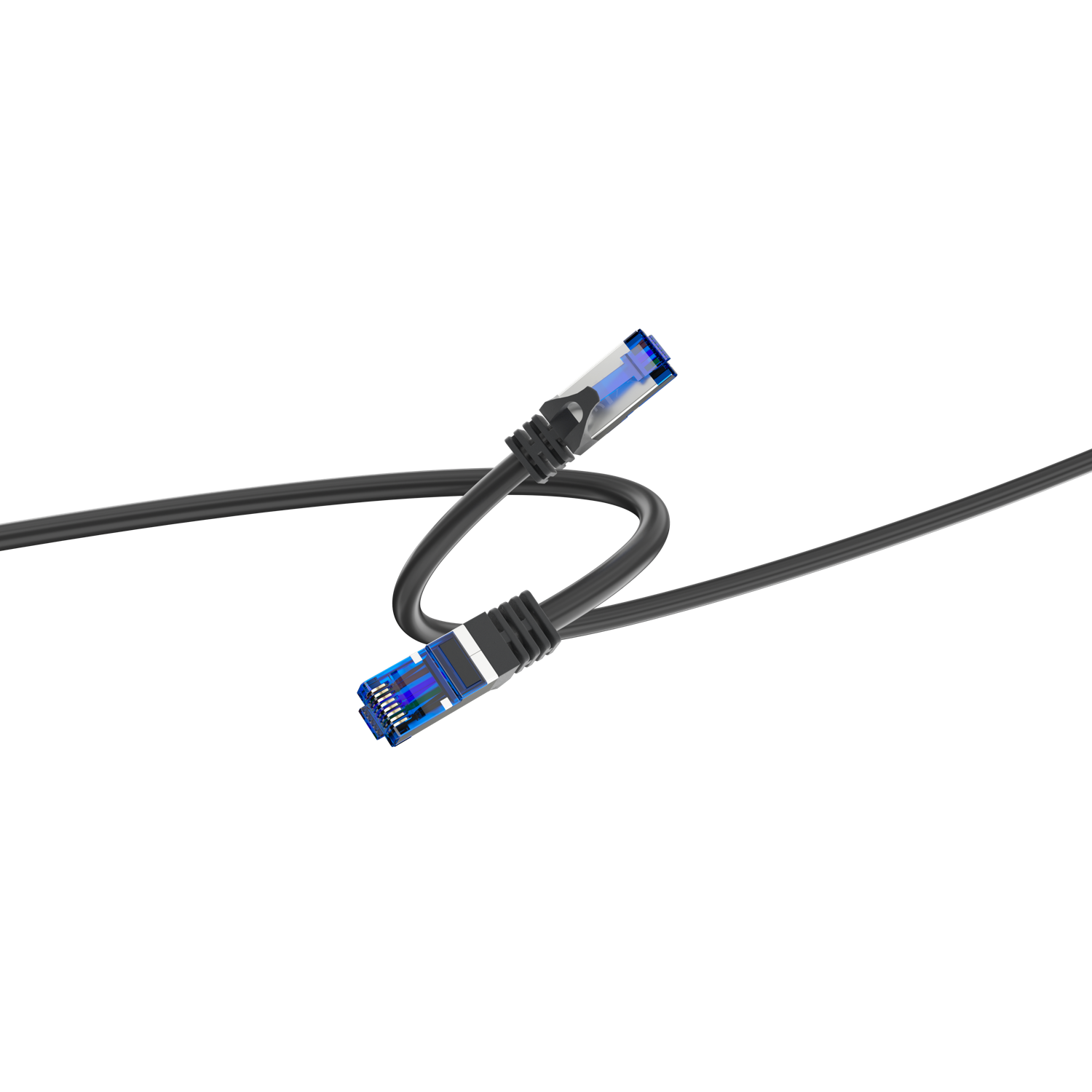 Twee zwarte Ethernet-kabels met blauwe connectoren op een zwarte achtergrond, één gebogen en de ander recht.