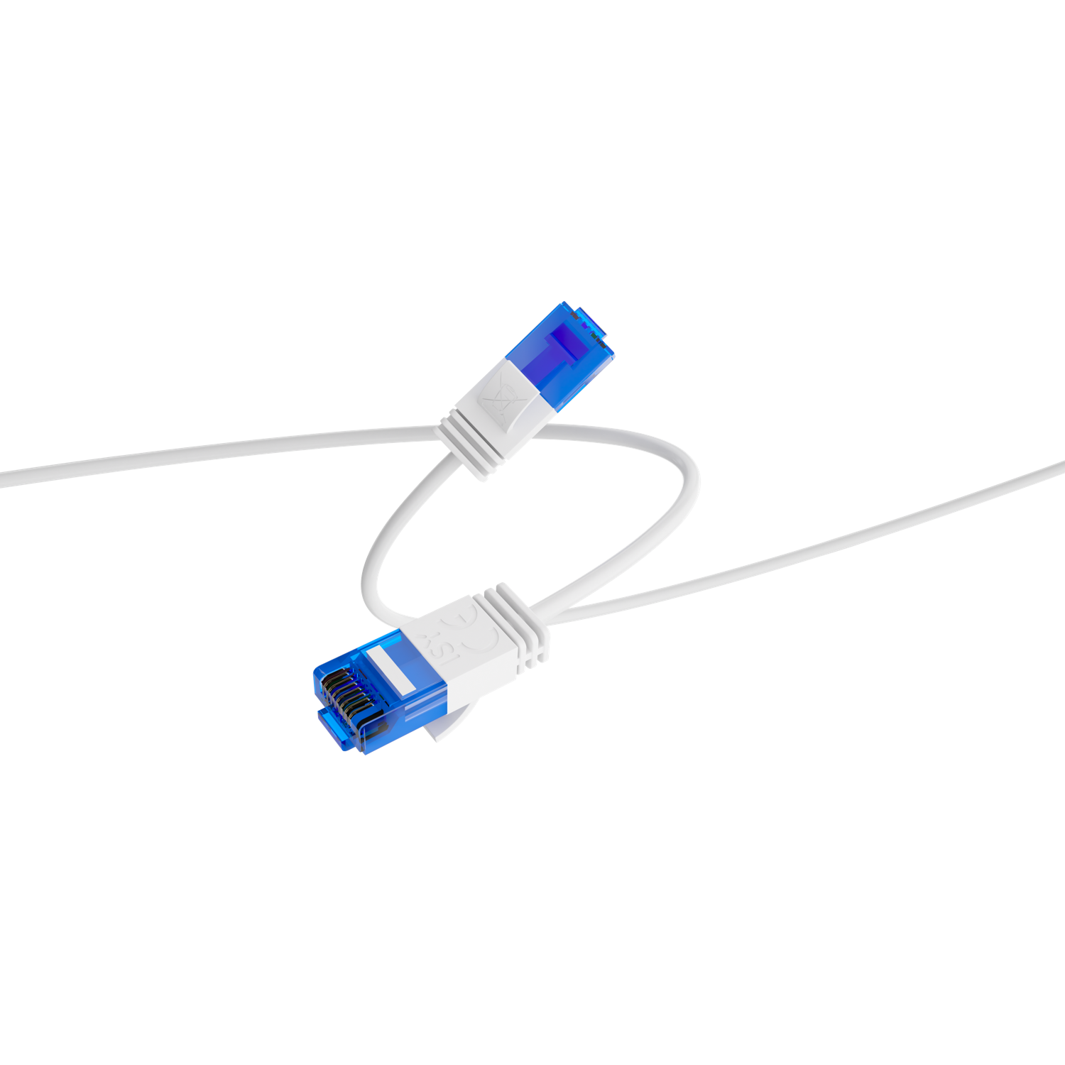 Twee witte netwerkkabels met blauwe connectoren op een zwarte achtergrond. De kabels zijn verweven.