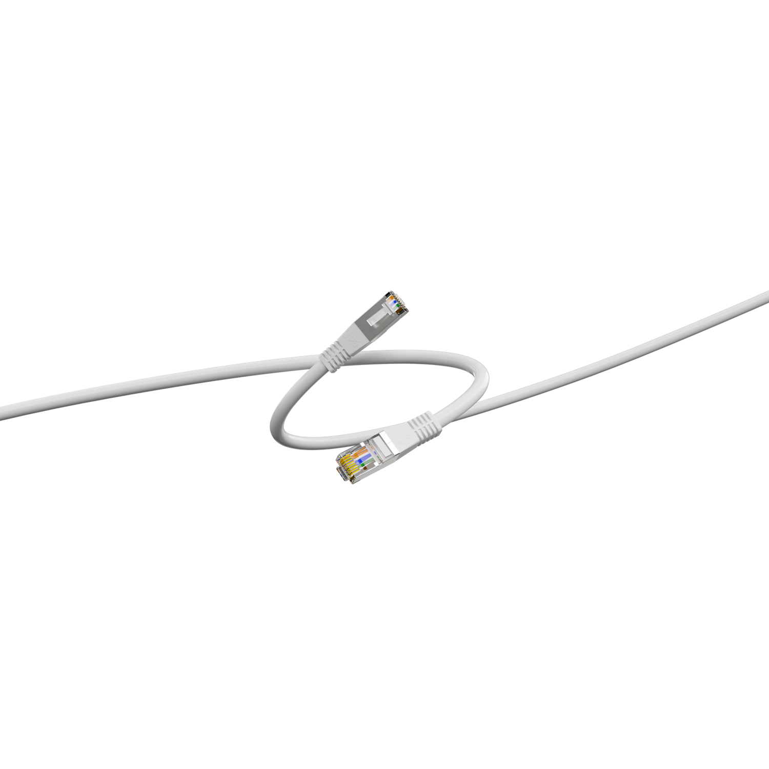 Twee witte Ethernet kabels tegen een zwarte achtergrond. Connectoren hebben gekleurde draden. Eén kabel buigt.