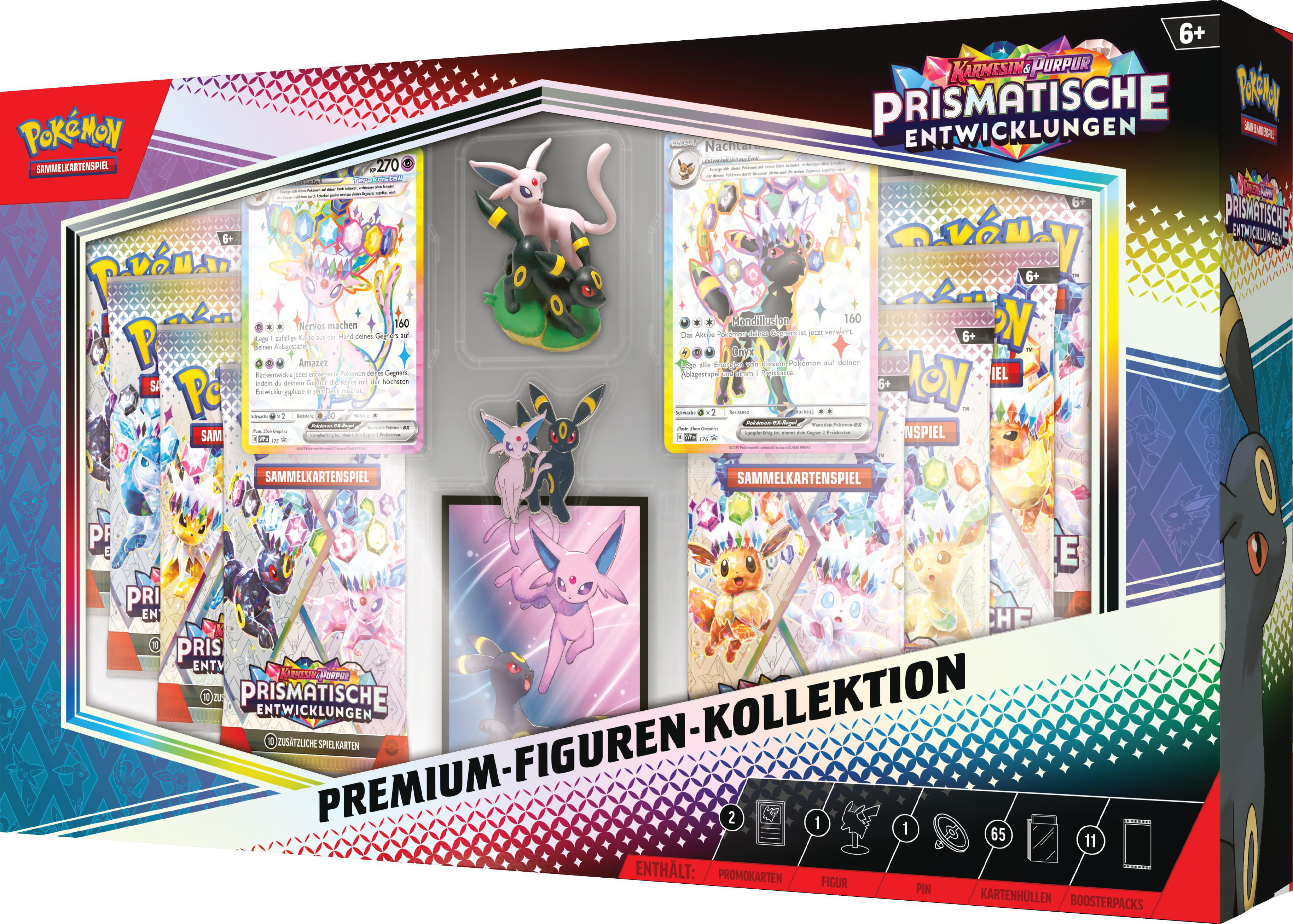 Eine Pokemon TCG-Box. Sie enthält Umbreon- und Espeon-Figuren, Karten und Boosterpacks, mit deutschem Text.