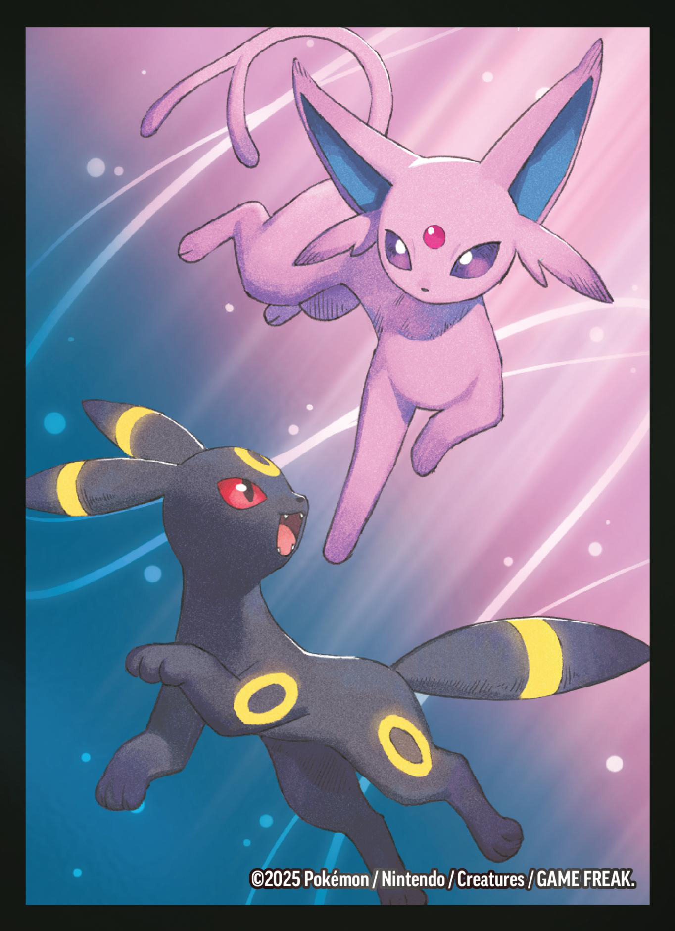 Illustration von zwei Pokémon: Espeon, pink, und Umbreon, schwarz. Espeon schwebt über Umbreon, beide in dynamischen Posen. Hintergrund ist pink und blau.