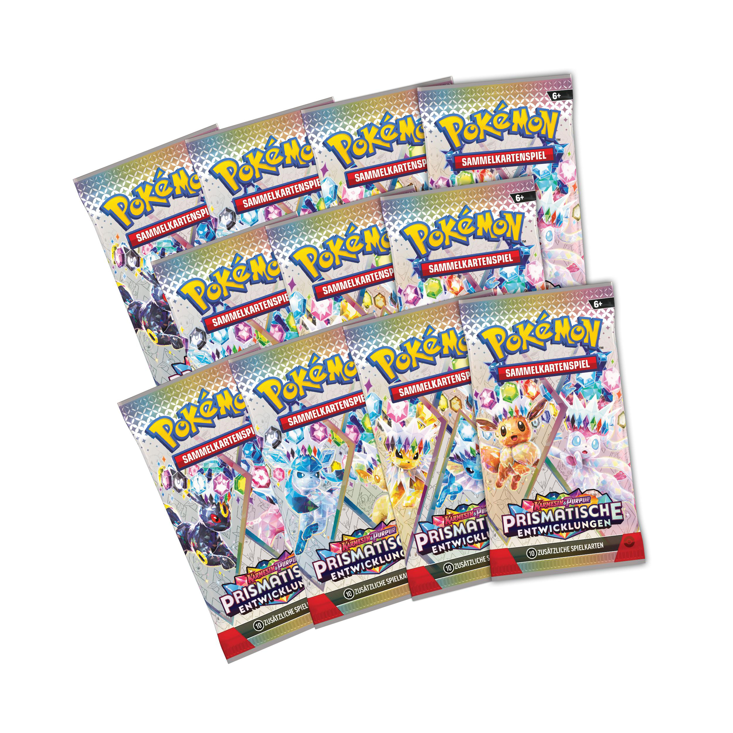 Mehrere Pokemon-Kartenpackungen sind angeordnet, mit verschiedenen Pokemon-Charakteren und Text auf Deutsch.