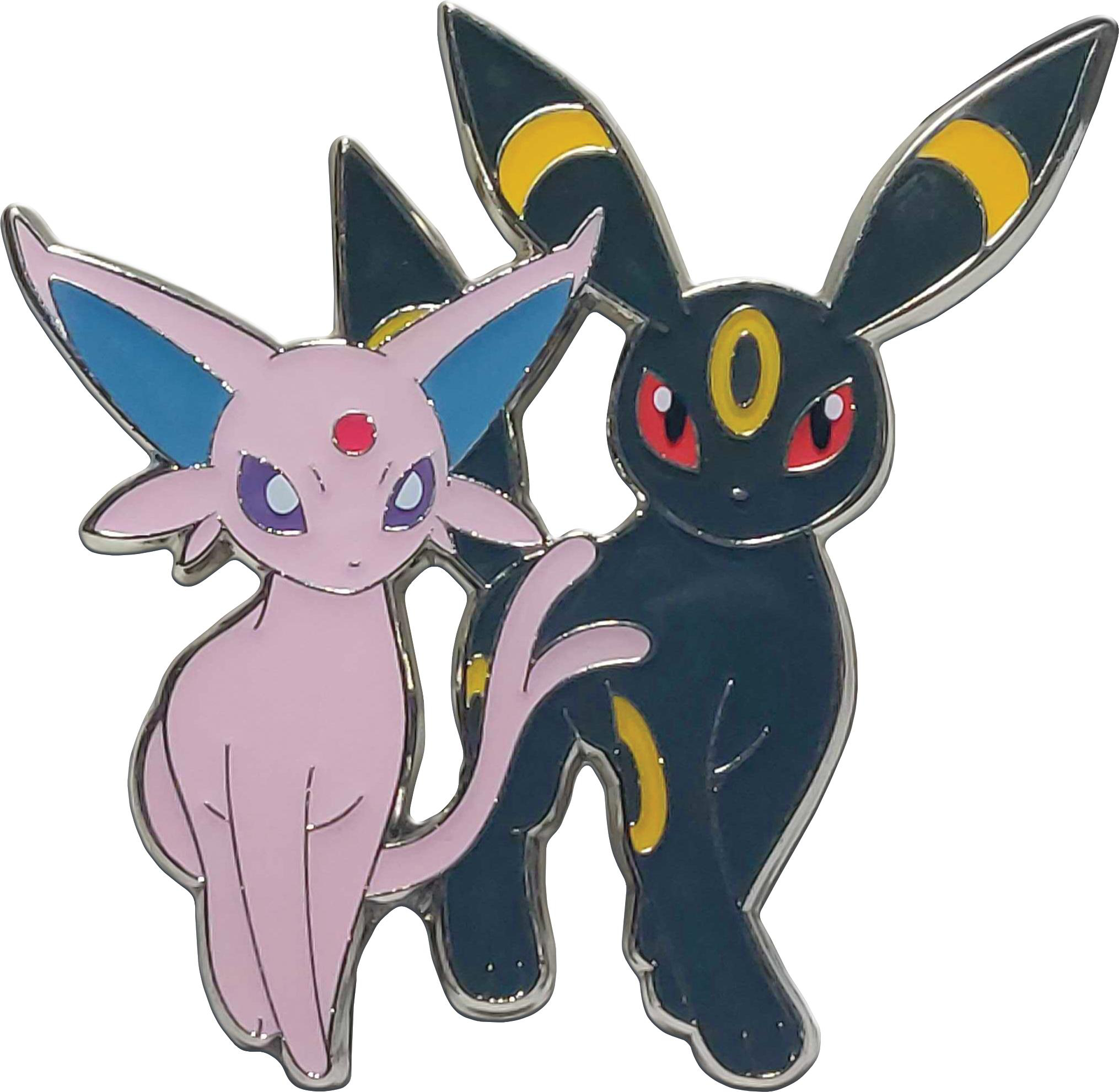 Ein Anstecker von zwei Pokémon, Espeon und Umbreon. Espeon ist rosa mit blauen Ohren, und Umbreon ist schwarz mit gelben Akzenten. Beide sind stilisiert.
