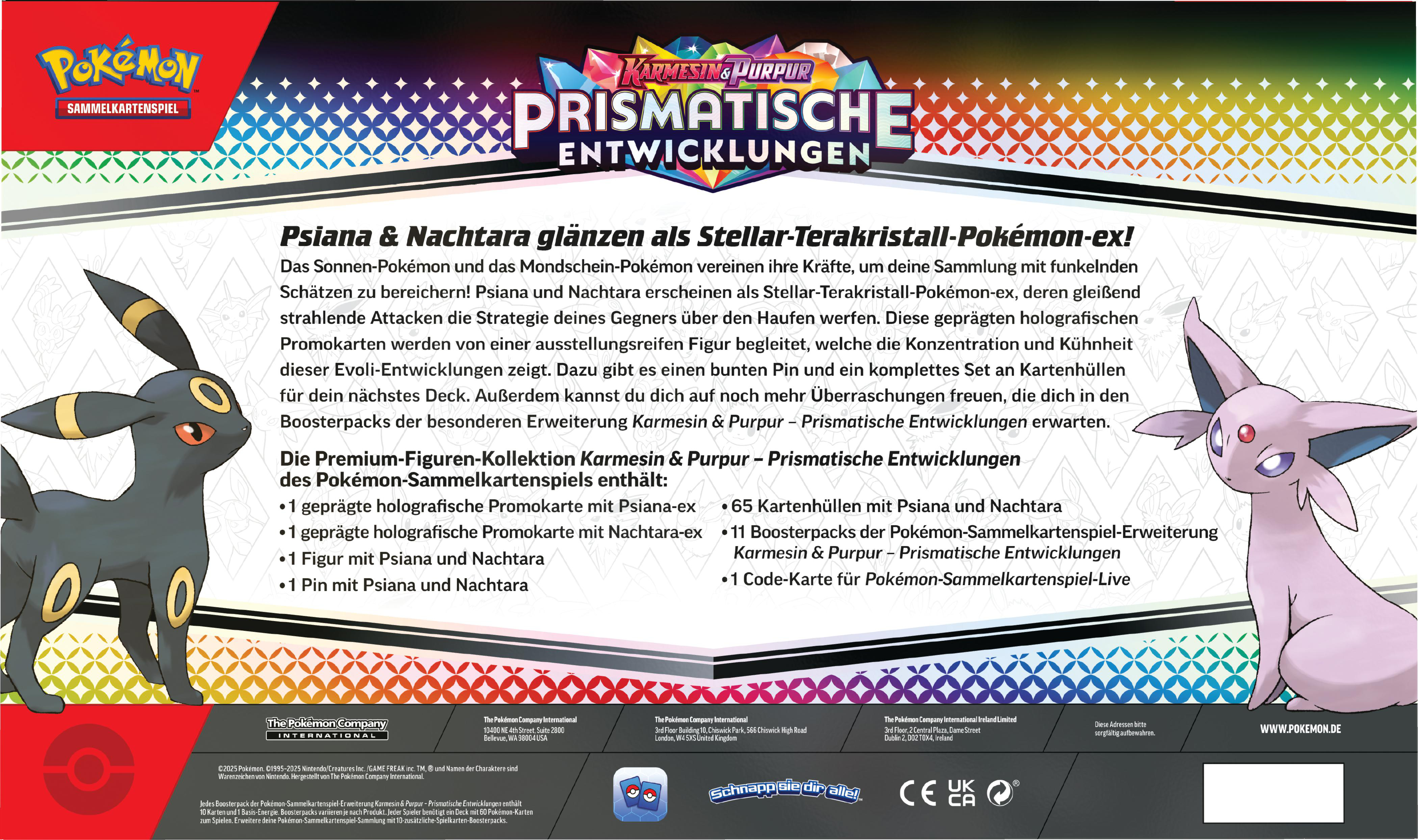 Box-Art mit Umbreon und Psiana. Text enthält 'Pokémon', 'Karmesin & Purpur' und Produktdetails.