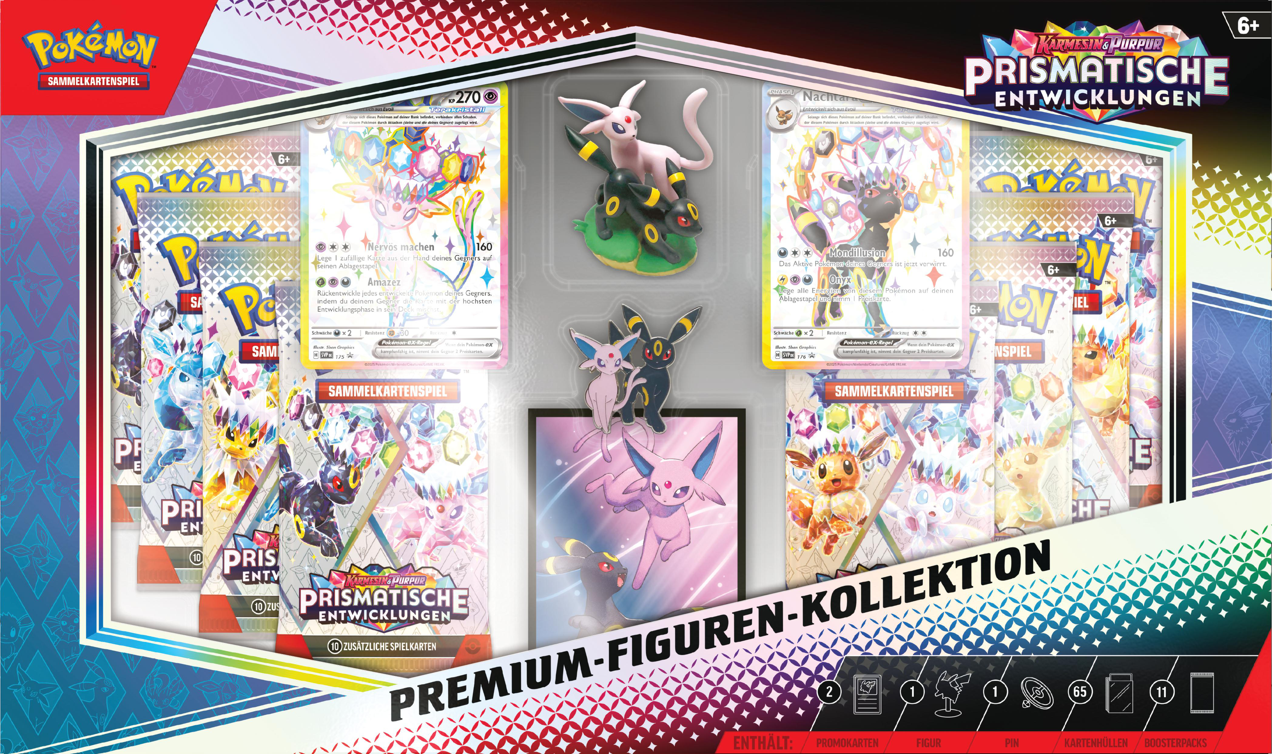 Eine Pokémon-TCG-Box mit Karten, Figuren und Packs. Mit Umbreon- und Psiana-Figuren und Karten.