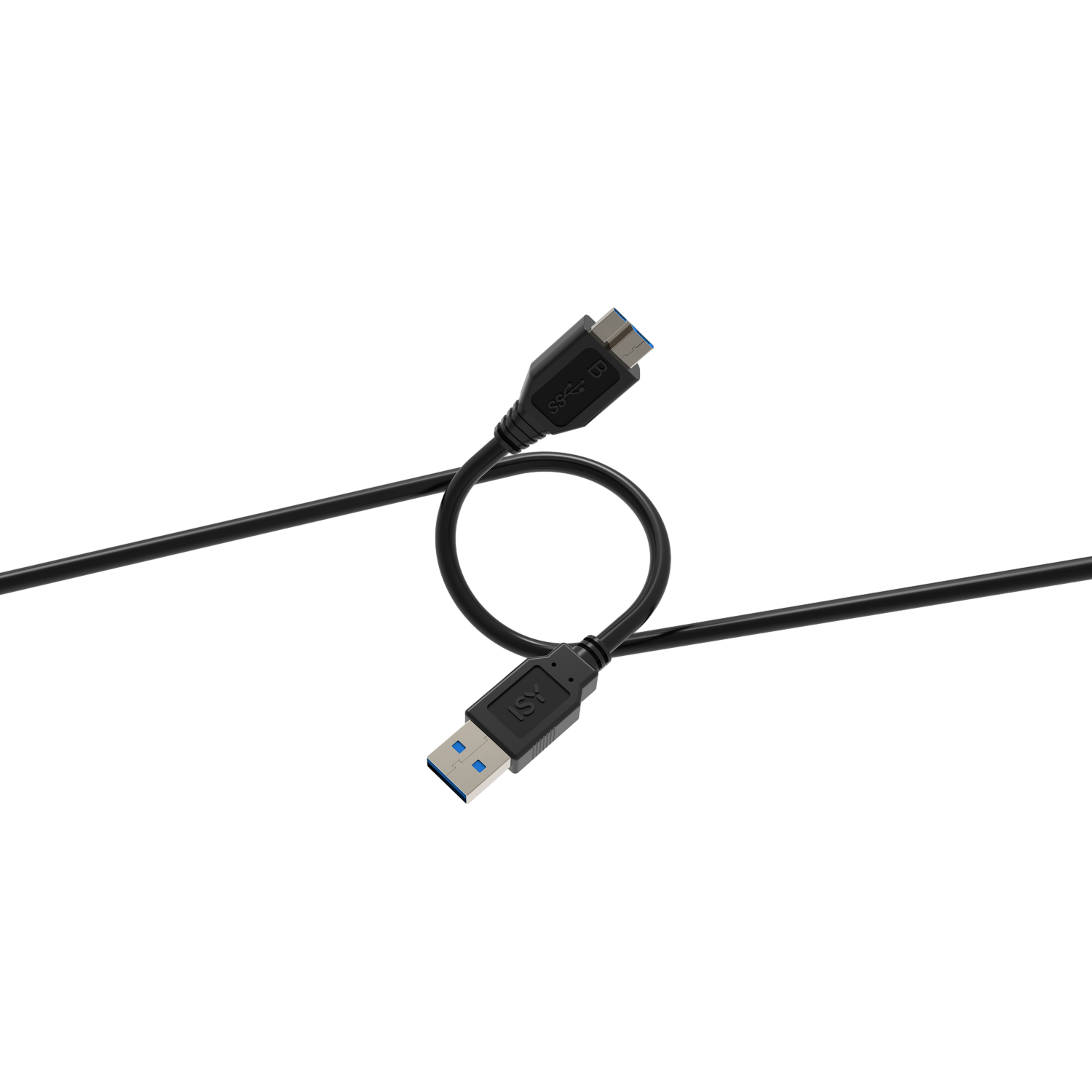 Een zwarte USB-kabel met een USB-C- en een USB-A-connector, tegen een zwarte achtergrond. De kabel is opgerold.