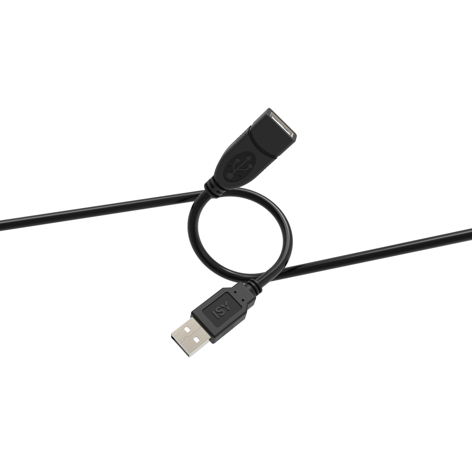 Een zwarte USB-kabel met een USB-A-connector en een USB-B-connector, gebogen op een zwarte achtergrond.