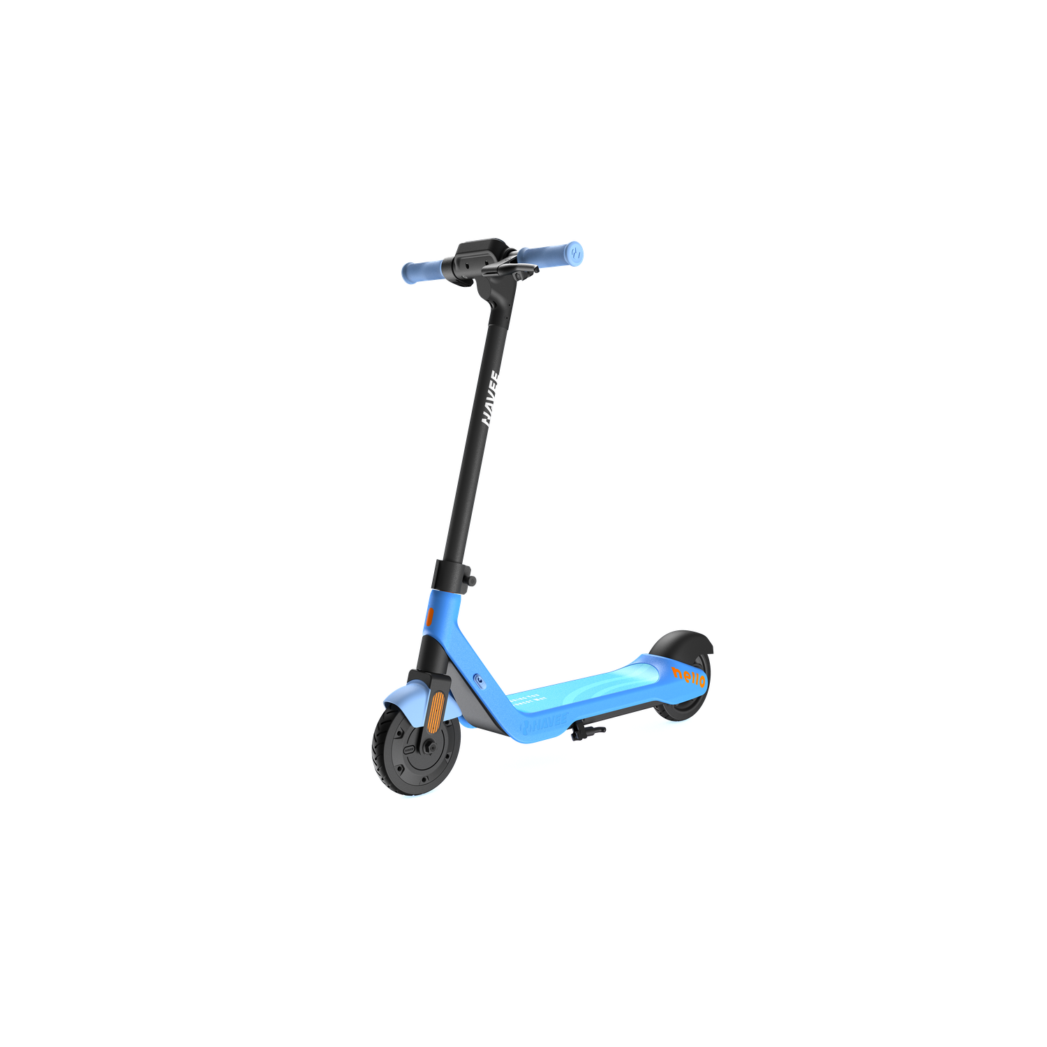 A light blue electric scooter with black accents and blue handles. The scooter is angled, with a black background and a white surrounding.