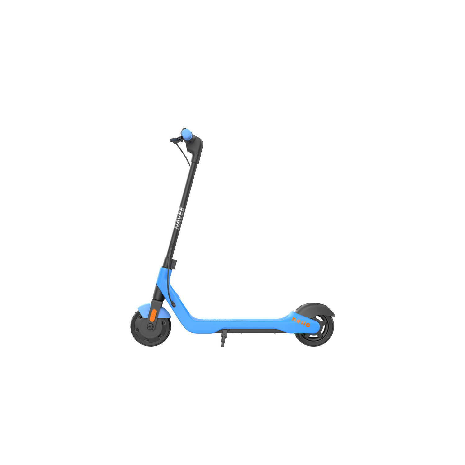 A blue electric scooter on a black background. The scooter has black handlebars and wheels, and the brand name is visible.