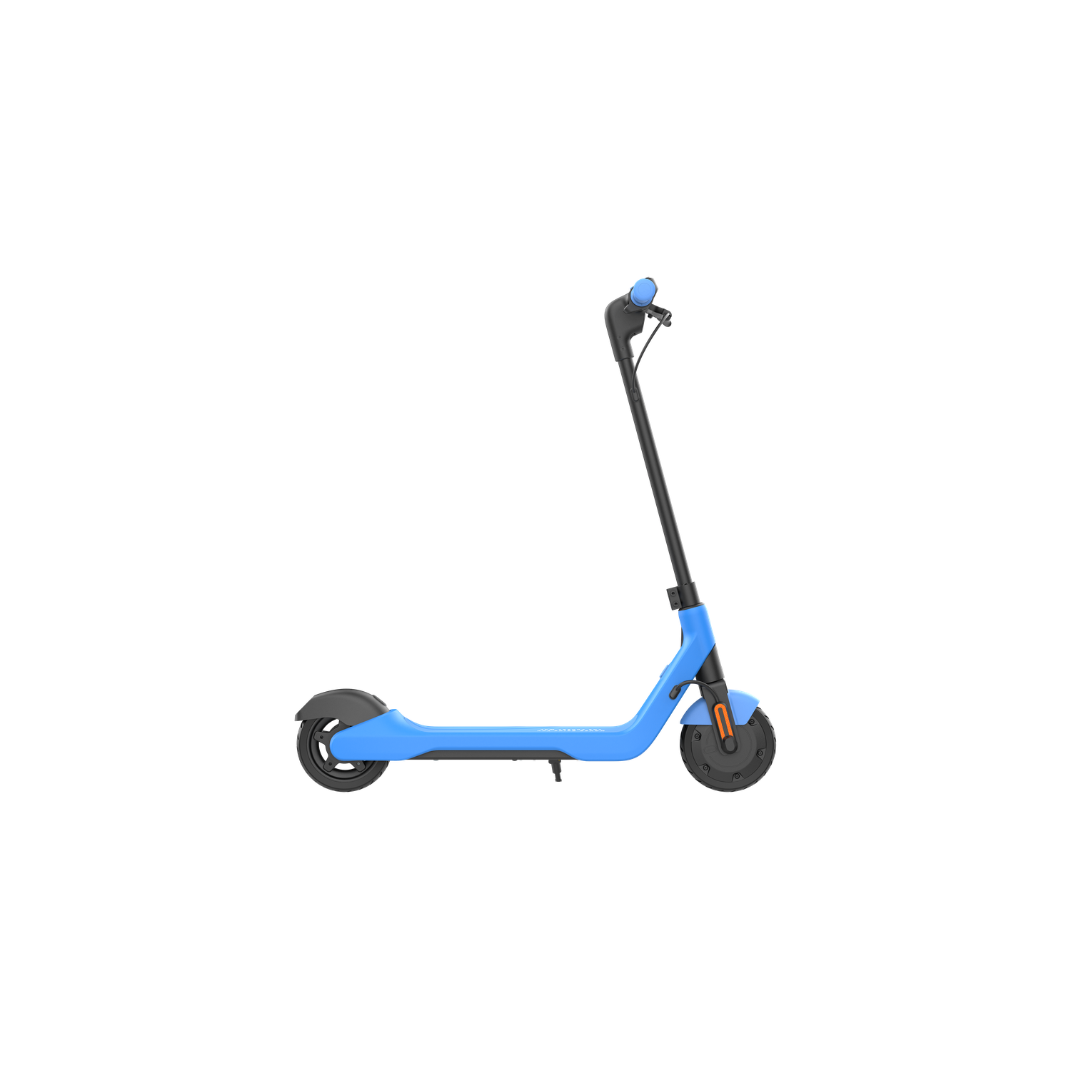 A blue electric scooter with black accents. It stands against a black background, with a white background at the bottom.