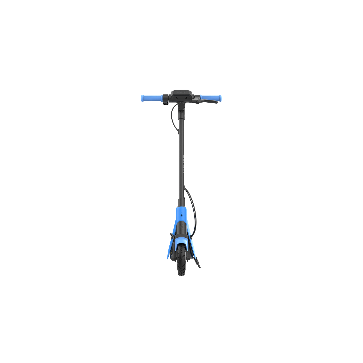 An electric scooter with a blue handlebar and accents stands against a black background. The scooter is centered.
