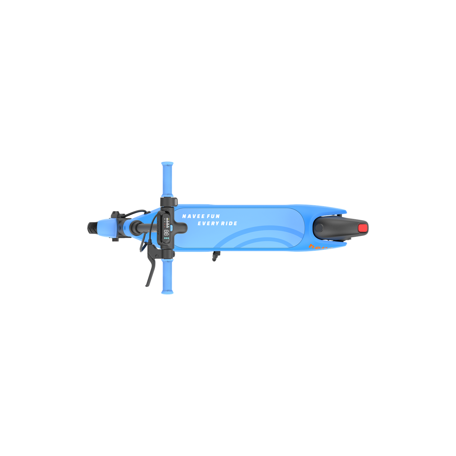 Overhead view of a light blue electric scooter. The scooter has black and red details. It is against a black background.