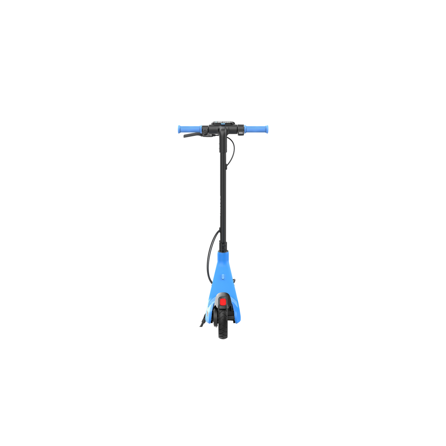 A blue and black electric scooter is centered against a black background. It has a handlebar, a stem, and a deck.