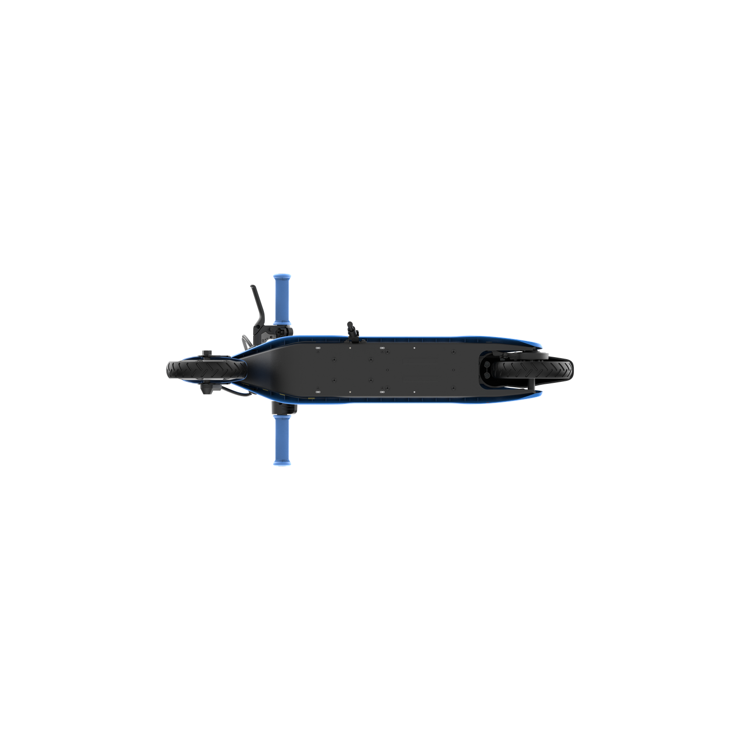 Overhead view of a black and blue electric scooter on a black background. The handlebars and deck are visible.