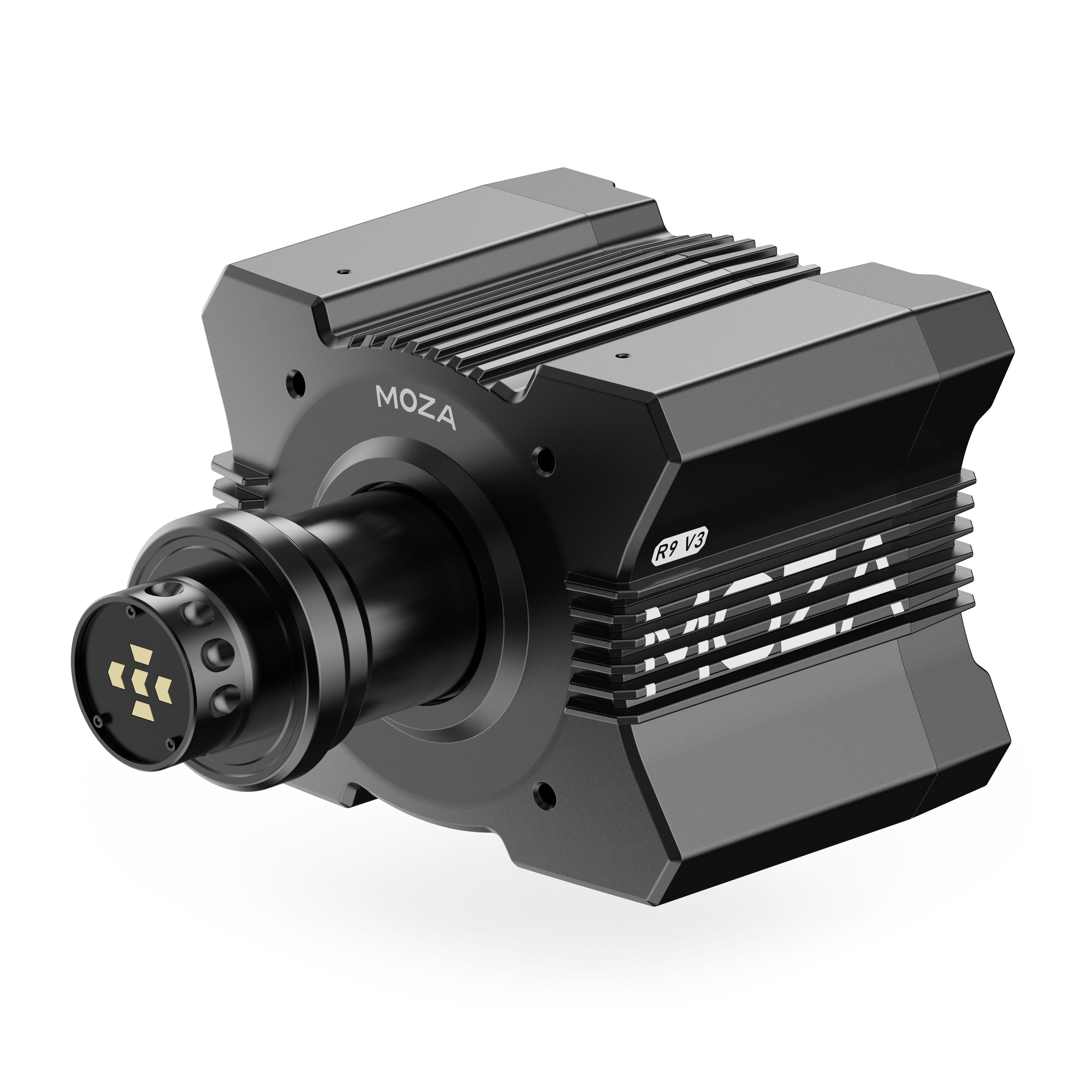 Schwarze MOZA R9 V3 Direct Drive-Radbasis. Merkmale: zylindrischer Körper, Belüftung und auffälliges Branding.