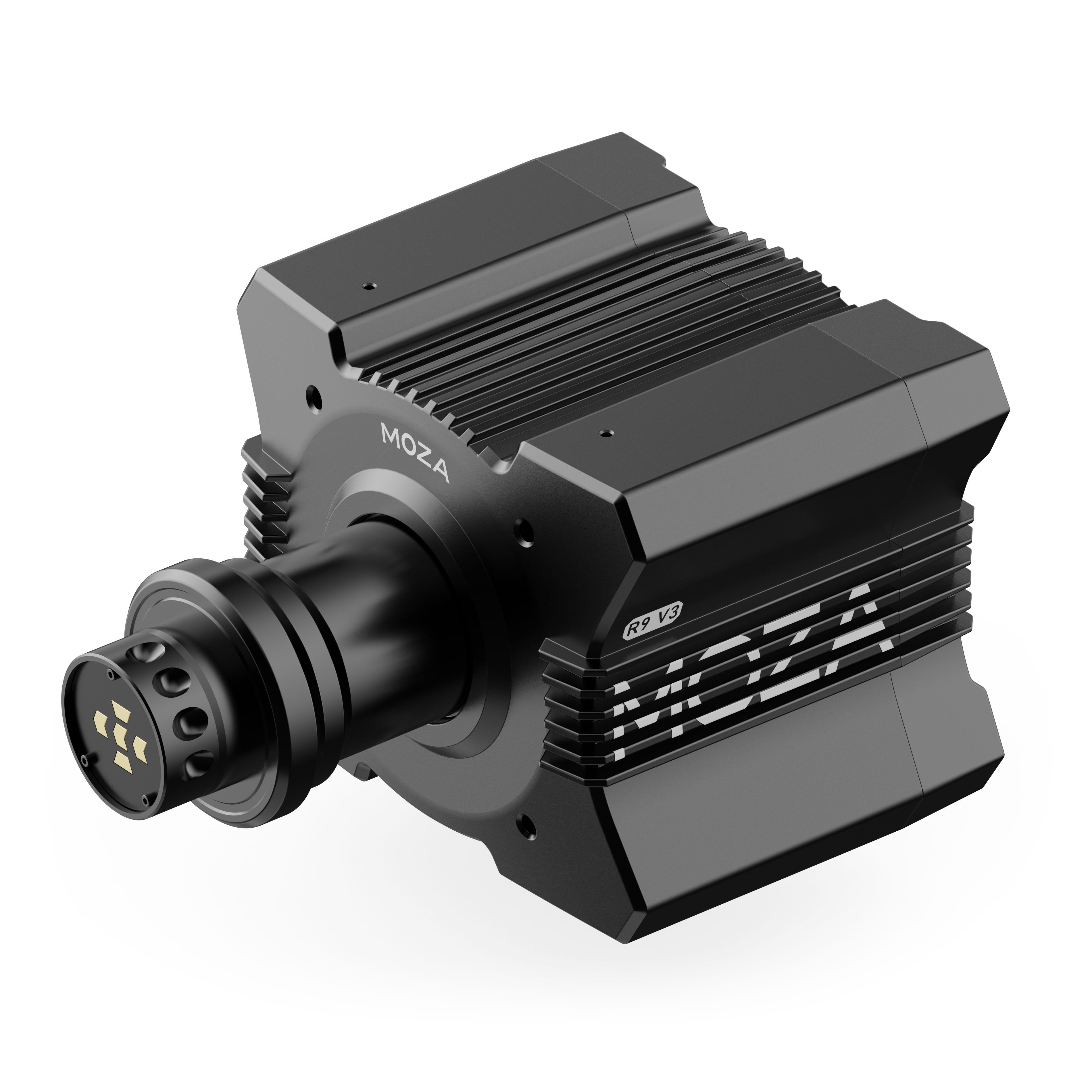 Eine schwarze MOZA R9 V3-Rennbasis. Sie hat eine zylindrische Front, einen rechteckigen Körper und den Markennamen darauf.