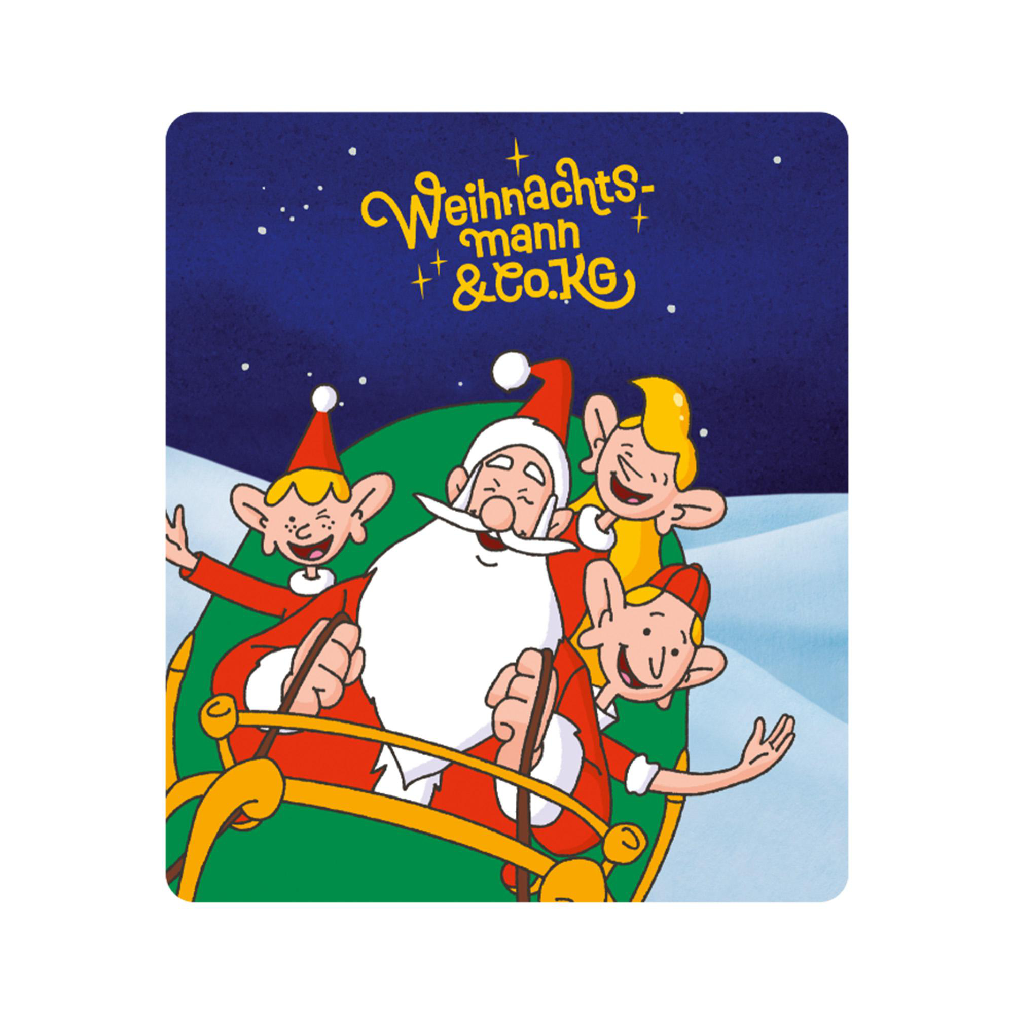 Weihnachtsmann und Elfen in einem grünen Schlitten vor schneebedecktem Hintergrund. Text: "Weihnachtsmann & Co. KG".