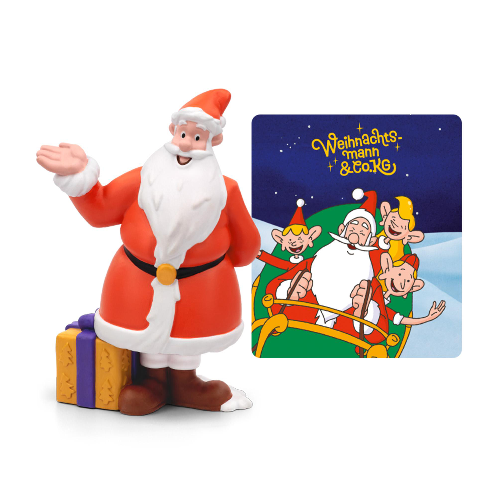 Eine Weihnachtsmannfigur mit Geschenkbox neben einer Karte mit Weihnachtsmann und Elfen in einem Schlitten.