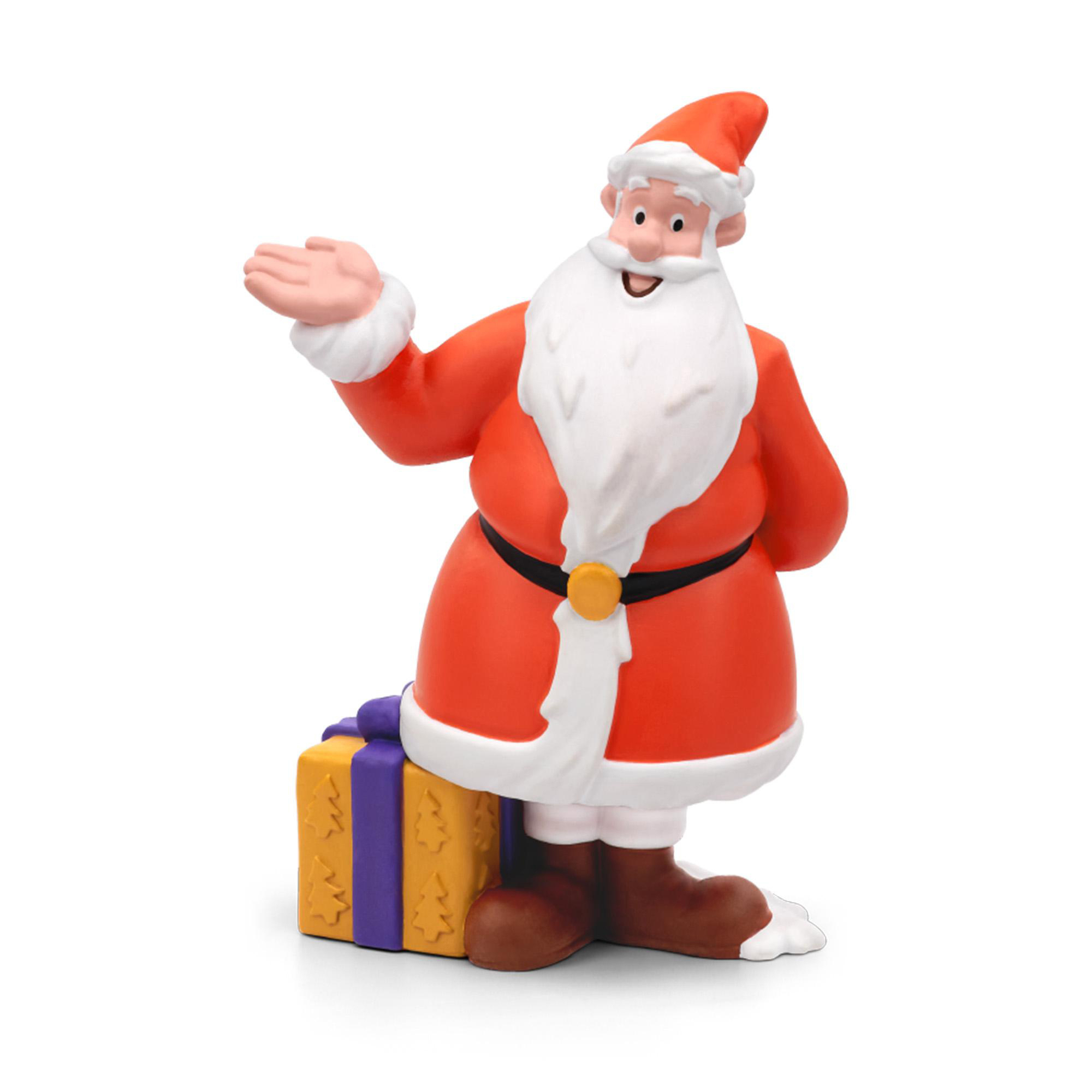 Weihnachtsmann-Figur in rotem Anzug und Mütze, weißem Bart, schwarzem Gürtel und Geschenkbox. Er gestikuliert mit der rechten Hand.