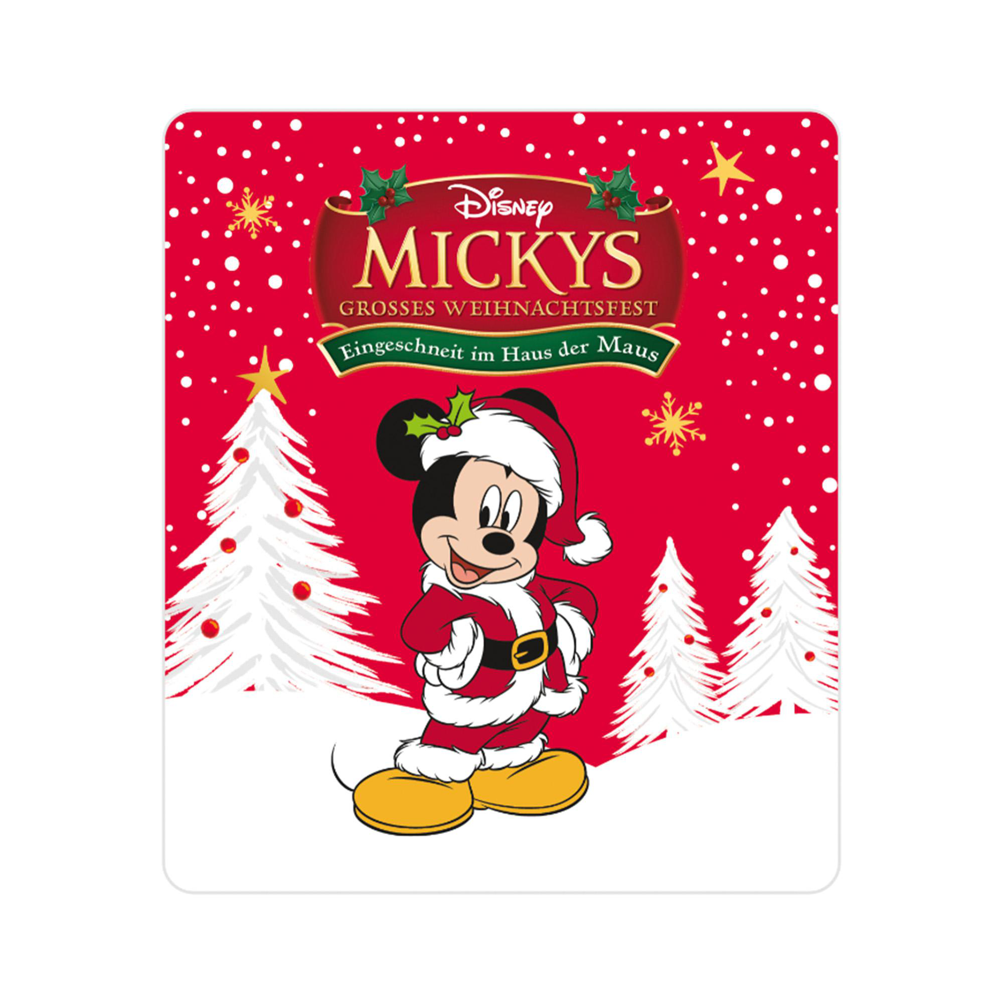 Mickey Mouse im Weihnachtsmann-Anzug, roter Hintergrund, Schneeflocken, weiße Weihnachtsbäume. Text auf Deutsch.
