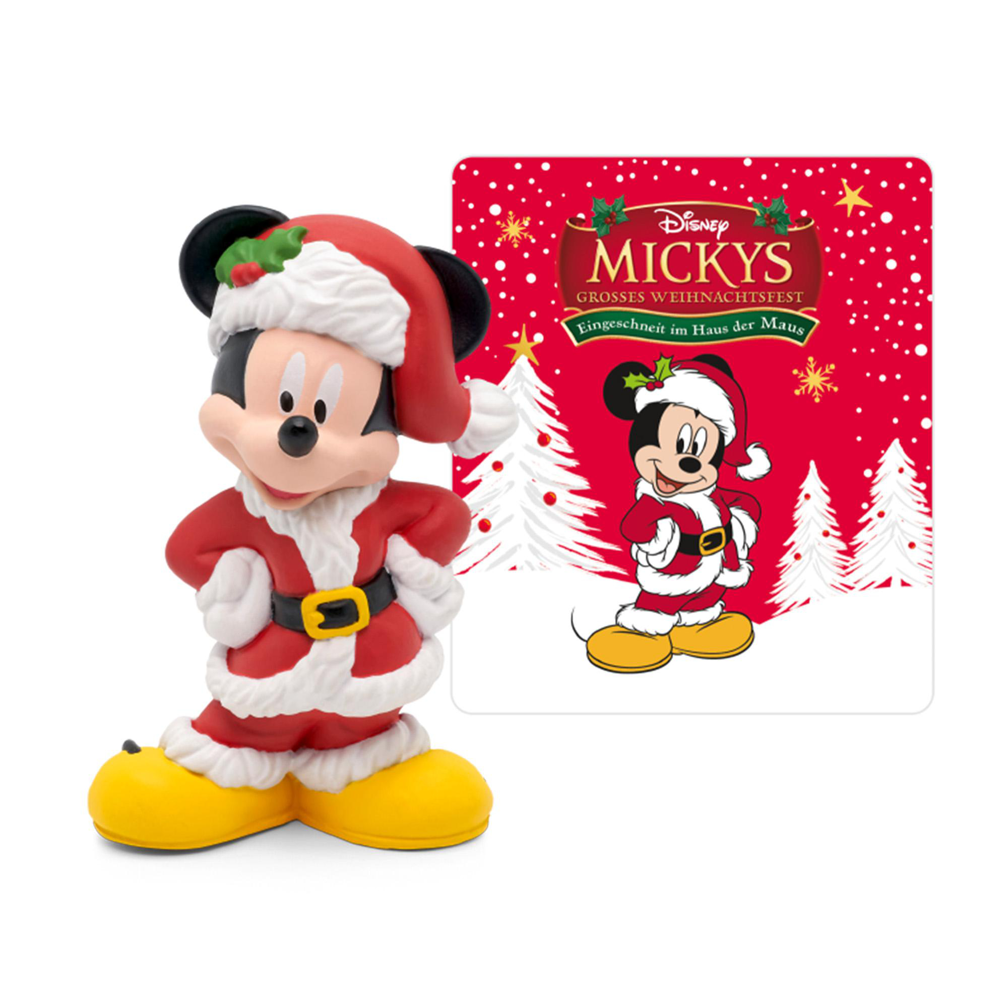 Mickey Mouse Weihnachtsfigur im Weihnachtsmann-Outfit. Daneben eine rote Karte mit Mickey im Weihnachtsmann-Anzug. Weißer Hintergrund.