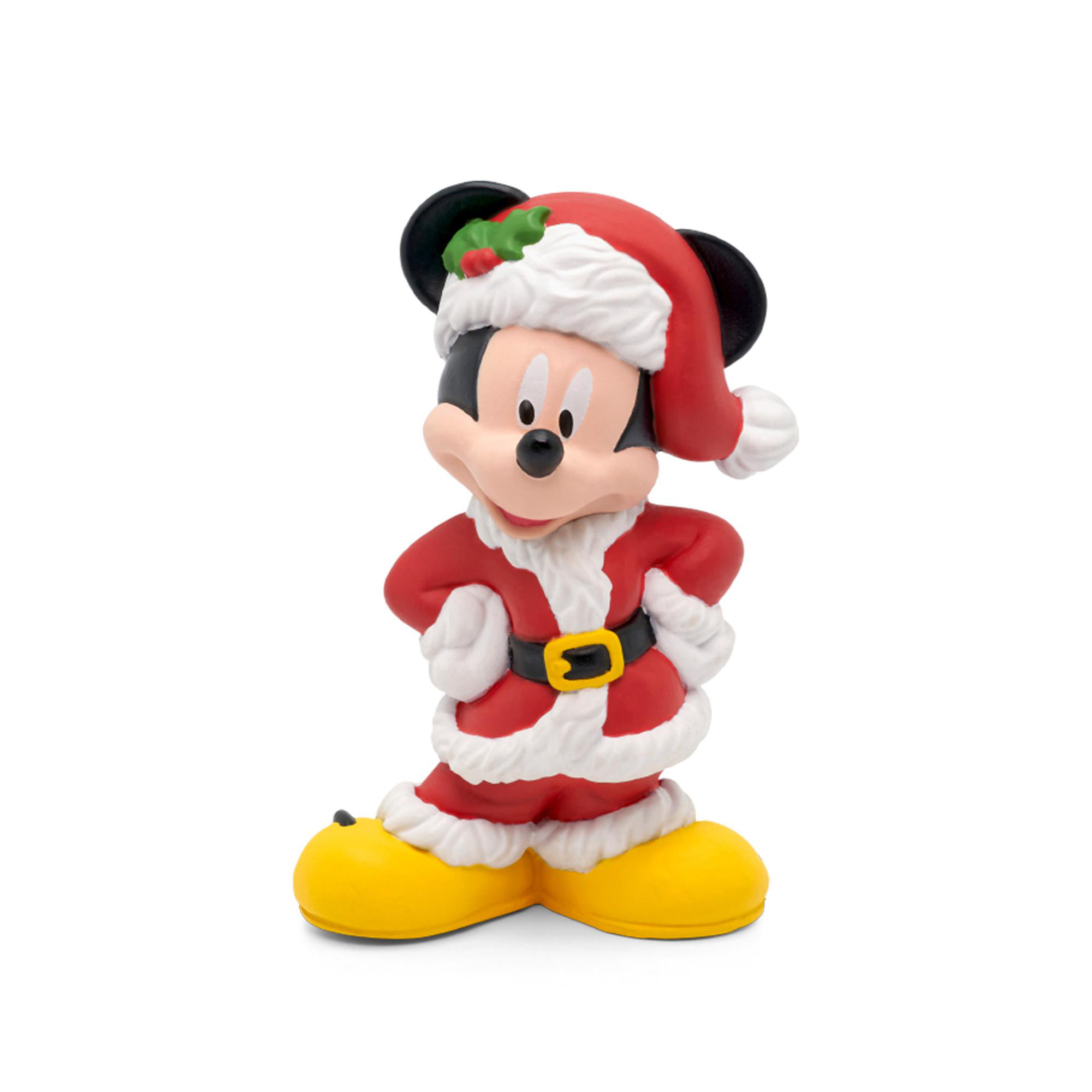 Mickey Mouse im Weihnachtsmann-Outfit, roter Mantel und Hut, schwarzer Gürtel, gelbe Schuhe, weißer Hintergrund.