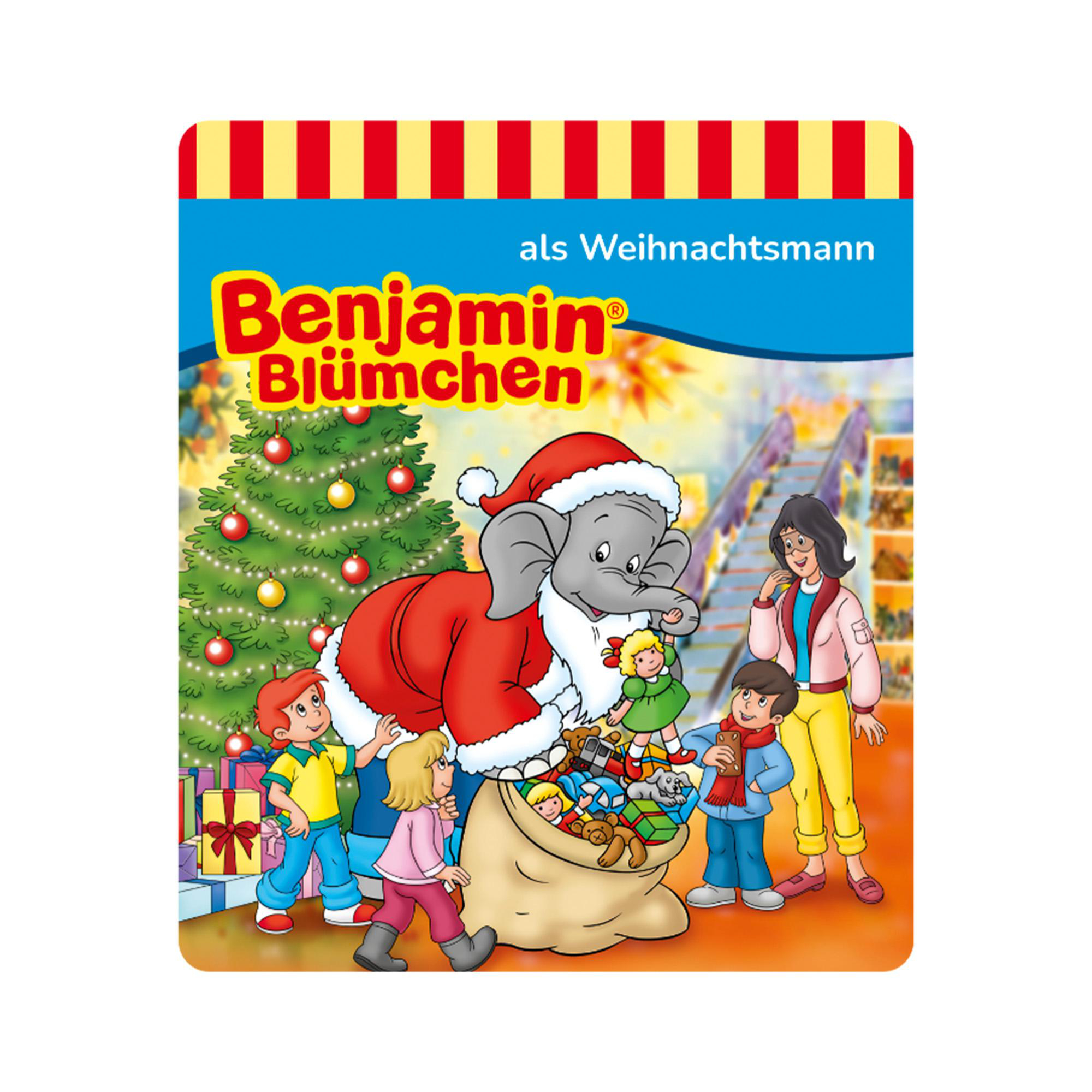 Benjamin Blümchen als Weihnachtsmann, umgeben von Kindern und Geschenken. Links steht ein Weihnachtsbaum.