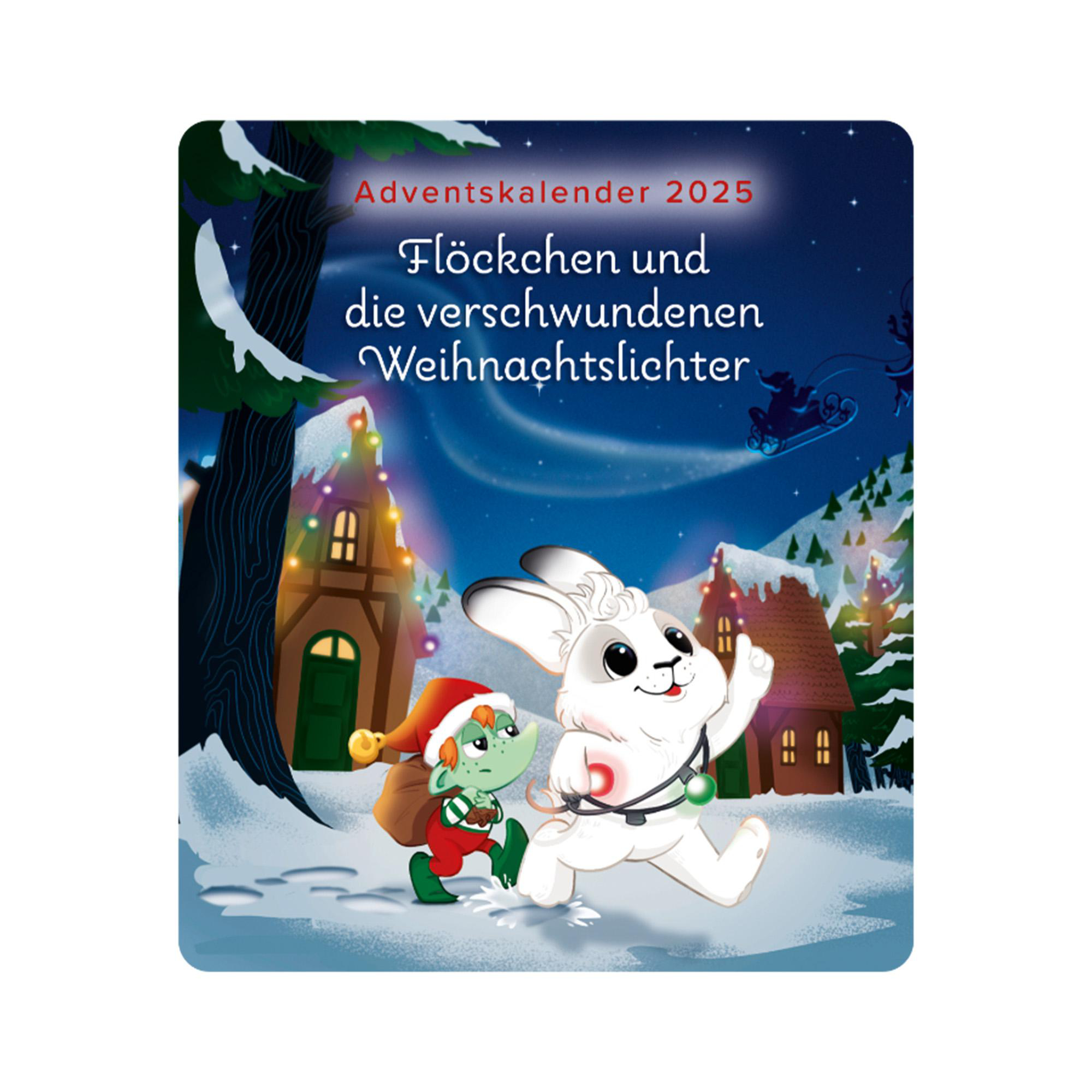 Illustration eines Häschens und eines Elfen in einem verschneiten Dorf mit Häusern und Weihnachtslichtern. Text: Adventskalender 2025.