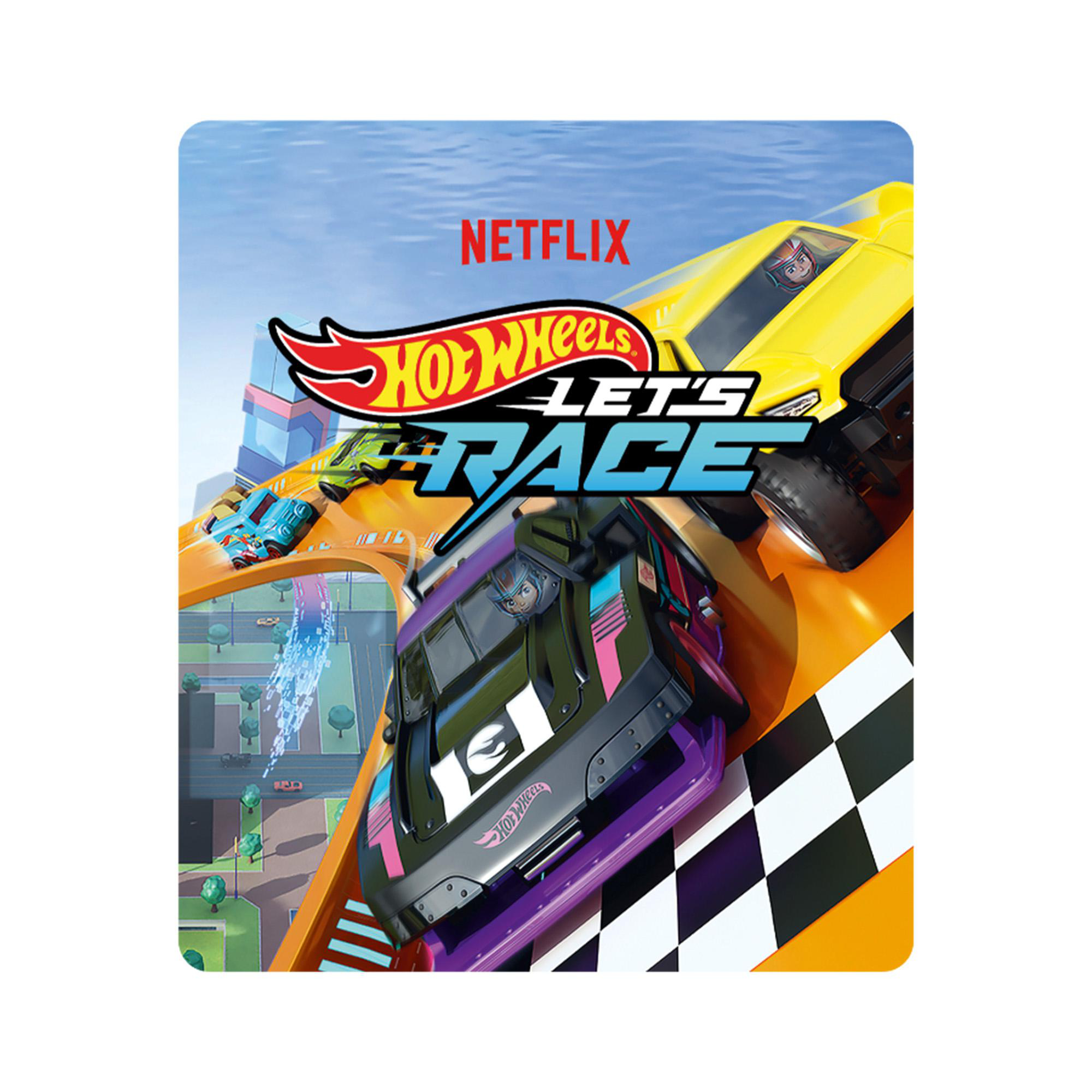 Hot Wheels Let's Race Bild. Autos rasen auf einer Rennstrecke. Netflix-Logo. Blauer Himmel im Hintergrund. Autos sind gelb, lila und blau.