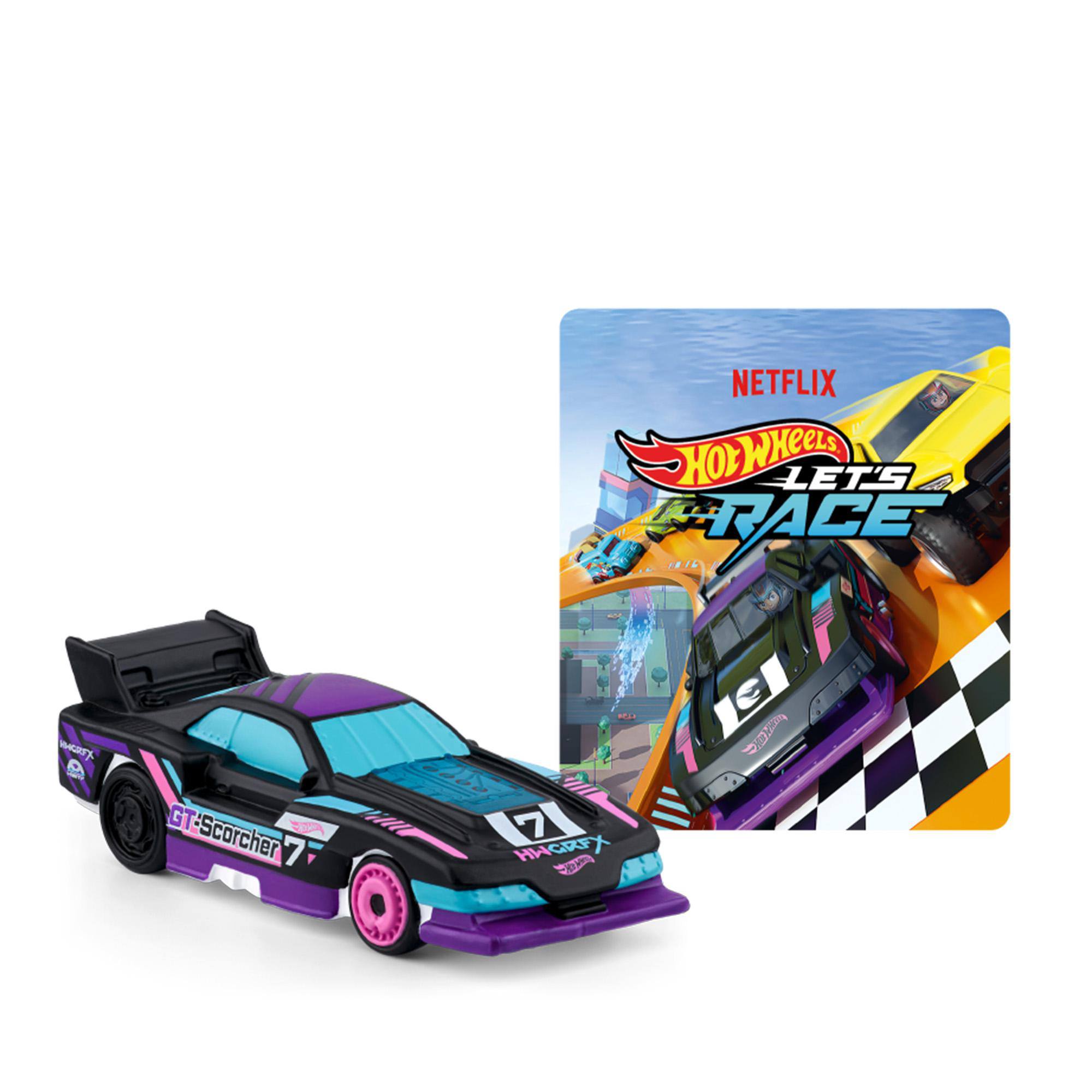 Ein Spielzeugauto ist schwarz, lila und rosa mit der Nummer 7. Eine Karte zeigt eine Rennszene, Hot Wheels Let's Race und Netflix-Logo.