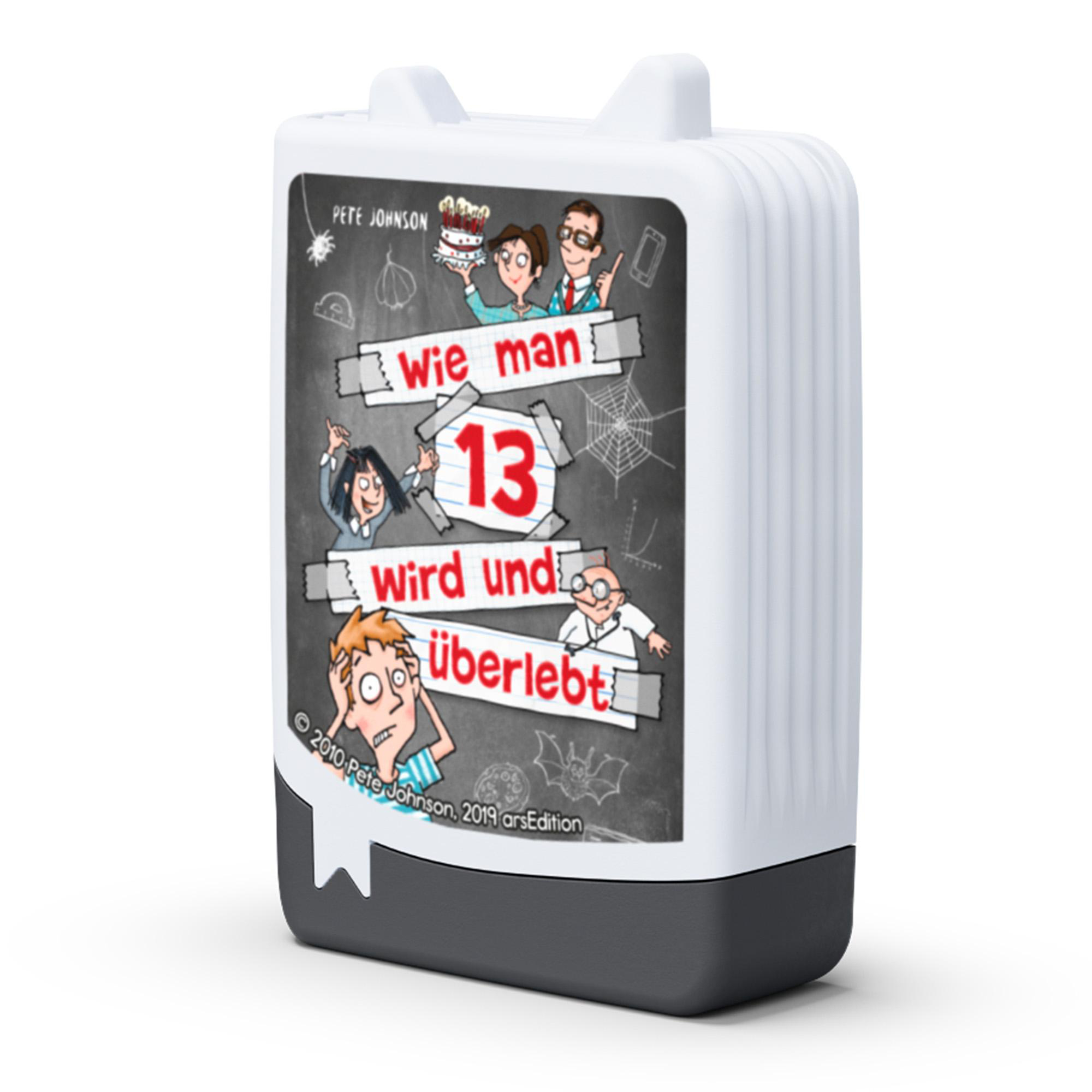 Ein weiß-graues buchförmiges Objekt mit einem Comic-Cover mit dem Titel 'Wie man 13 wird und überlebt!'