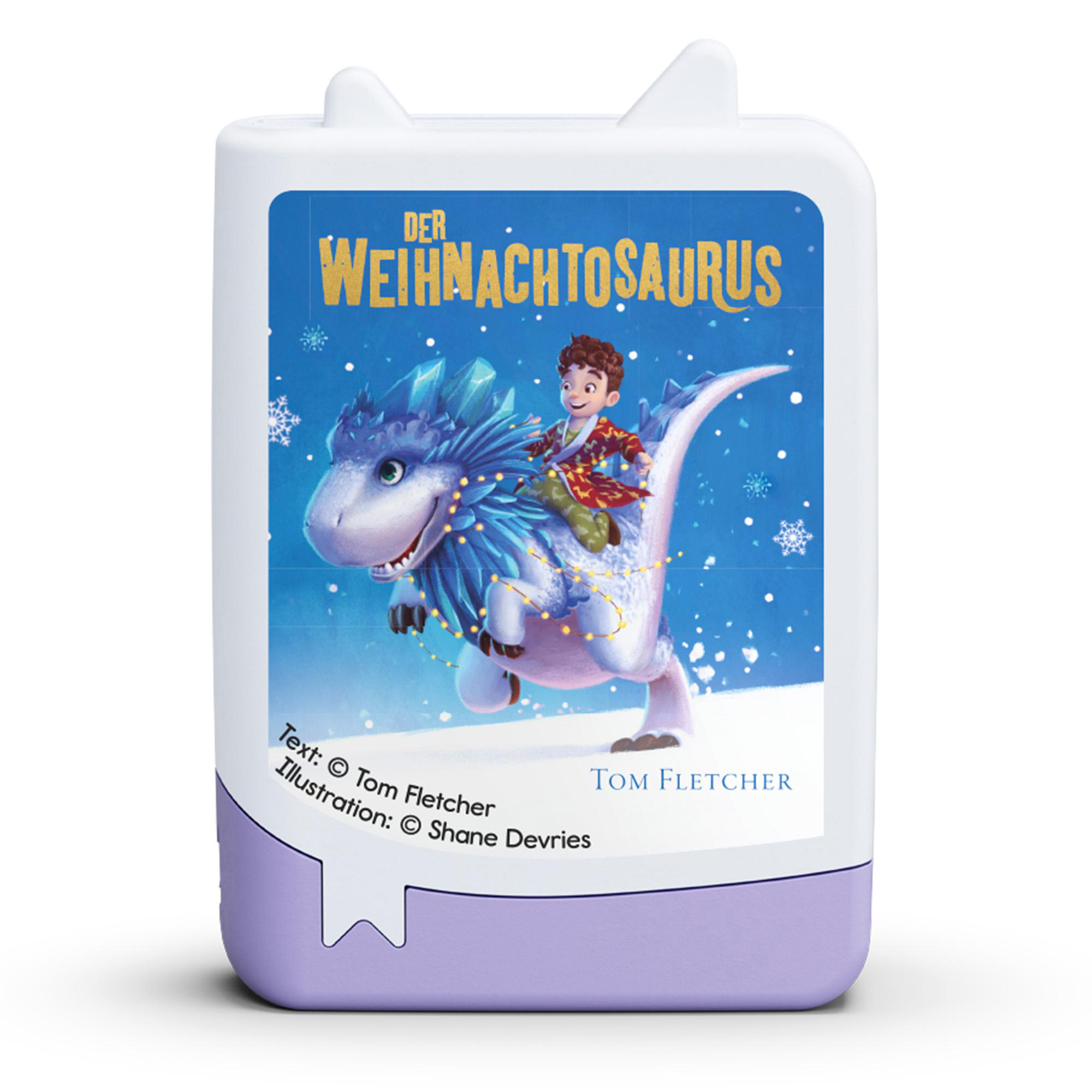 Ein Kind reitet einen geschmückten Dinosaurier. Das Bild stammt aus 'Der Weihnachtosaurus'. Im Hintergrund fallen Schneeflocken. Das Buchcover befindet sich auf einer weißen Box.