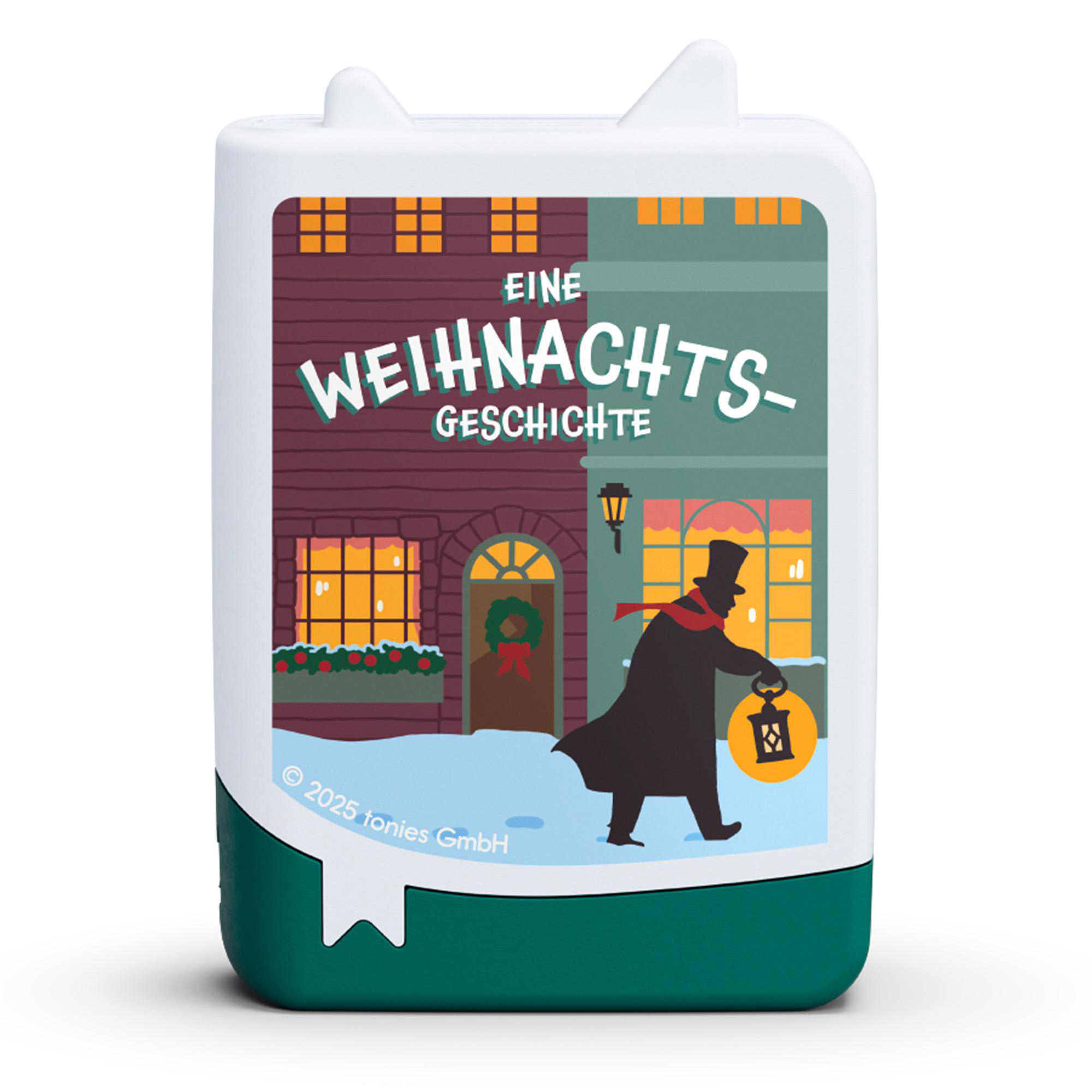 Eine Weihnachtserzählung mit einem Mann mit Zylinder und Laterne. Gebäude und Schnee im Hintergrund.