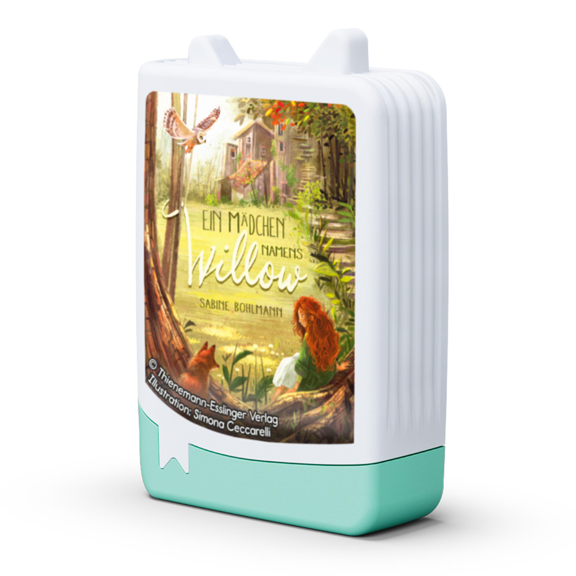 Ein buchförmiger Gegenstand mit einem Buchcover, das ein Mädchen mit roten Haaren, eine Eule und einen Fuchs zeigt.