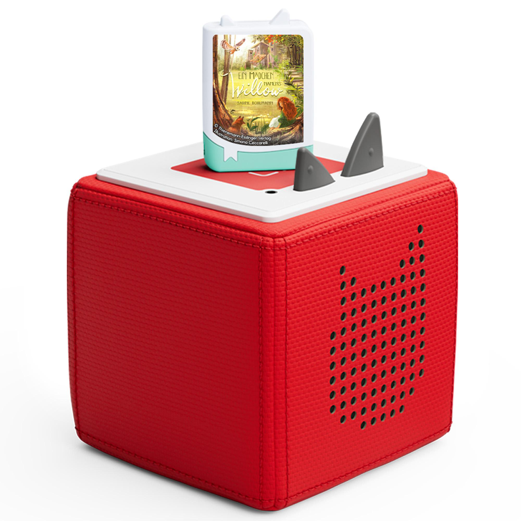 Rote Audiobox mit einem buchförmigen Zubehörteil oben. Das Zubehör ist weiß und blau, mit grauen Flossen.