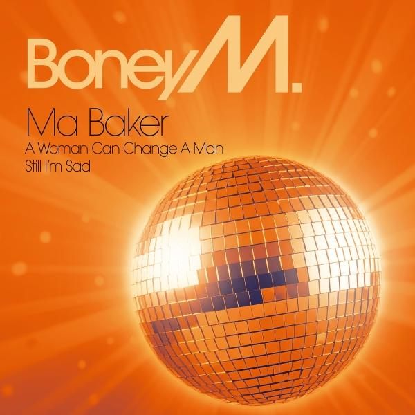 Albumcover von Boney M, Titel Ma Baker. Eine Discokugel ist der Mittelpunkt. Oranger Hintergrund, Text in Weiß.