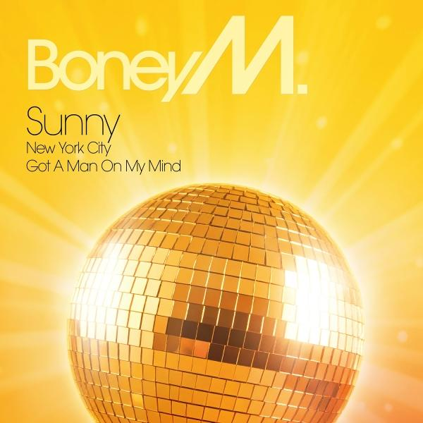 Albumcover für Boney M's Sunny. Enthält eine goldene Discokugel, Text-Overlay mit Namen und Songtiteln, alles auf gelbem Hintergrund.
