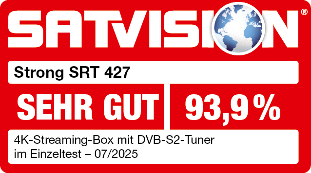 Ein rotes und weißes Logo mit dem Text SATVISION, Strong SRT 427, SEHR GUT 93,9 % und Informationen zur 4K-Streaming-Box.