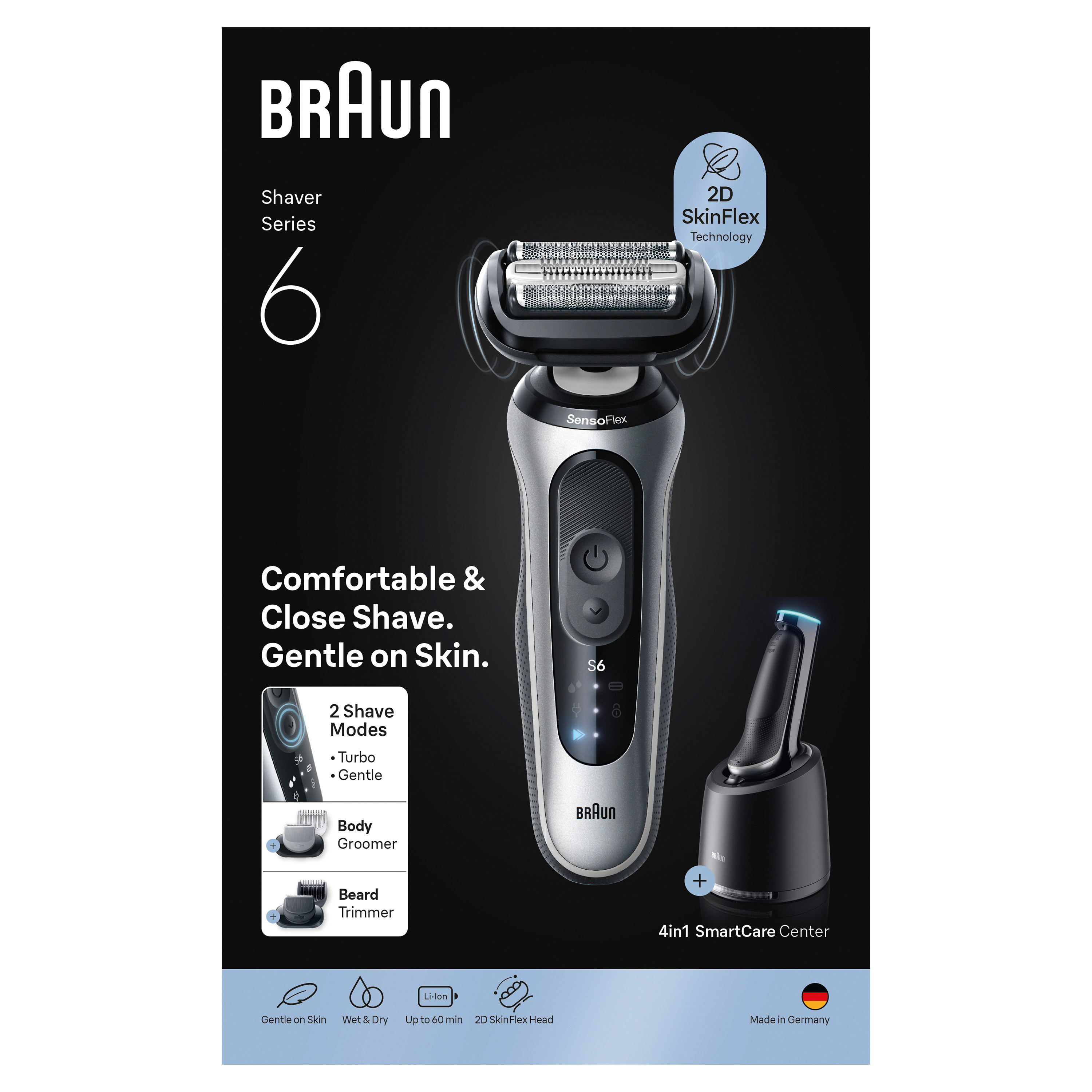 Elektrorasierer Braun Series 6 mit Basis und Ladegerät. Merkmale: 2 Rasurmodi, Bodygroomer und Barttrimmer.