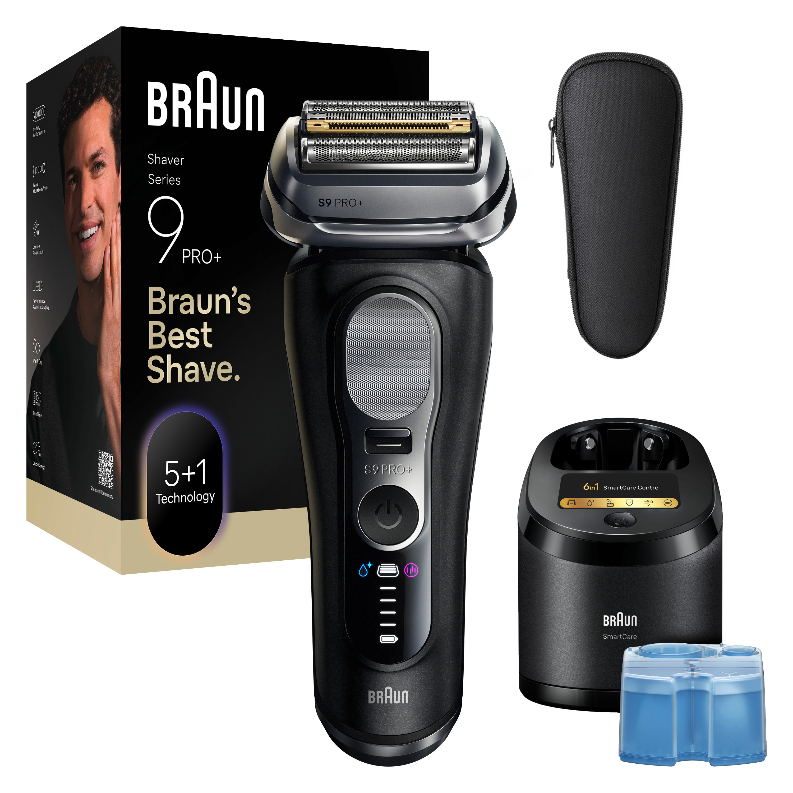 Braun-Rasierer mit Box, Ladegerät und Reinigungsstation. Der Rasierer ist schwarz, die Box zeigt ein Gesicht.