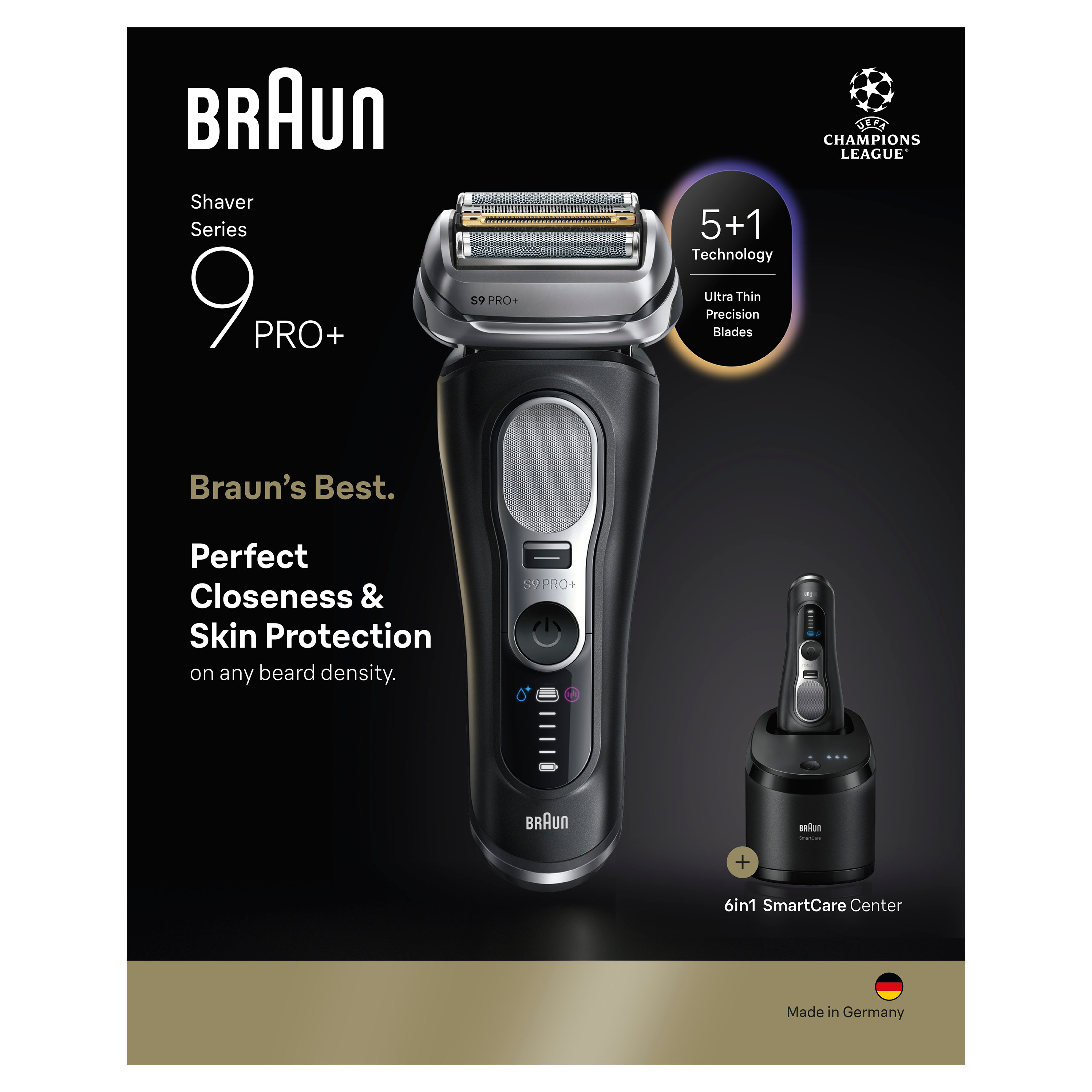 Elektrischer Rasierer Braun Series 9 Pro+. Schwarz und Silber, mit Ladestation und 6in1 SmartCare Center, hergestellt in Deutschland.