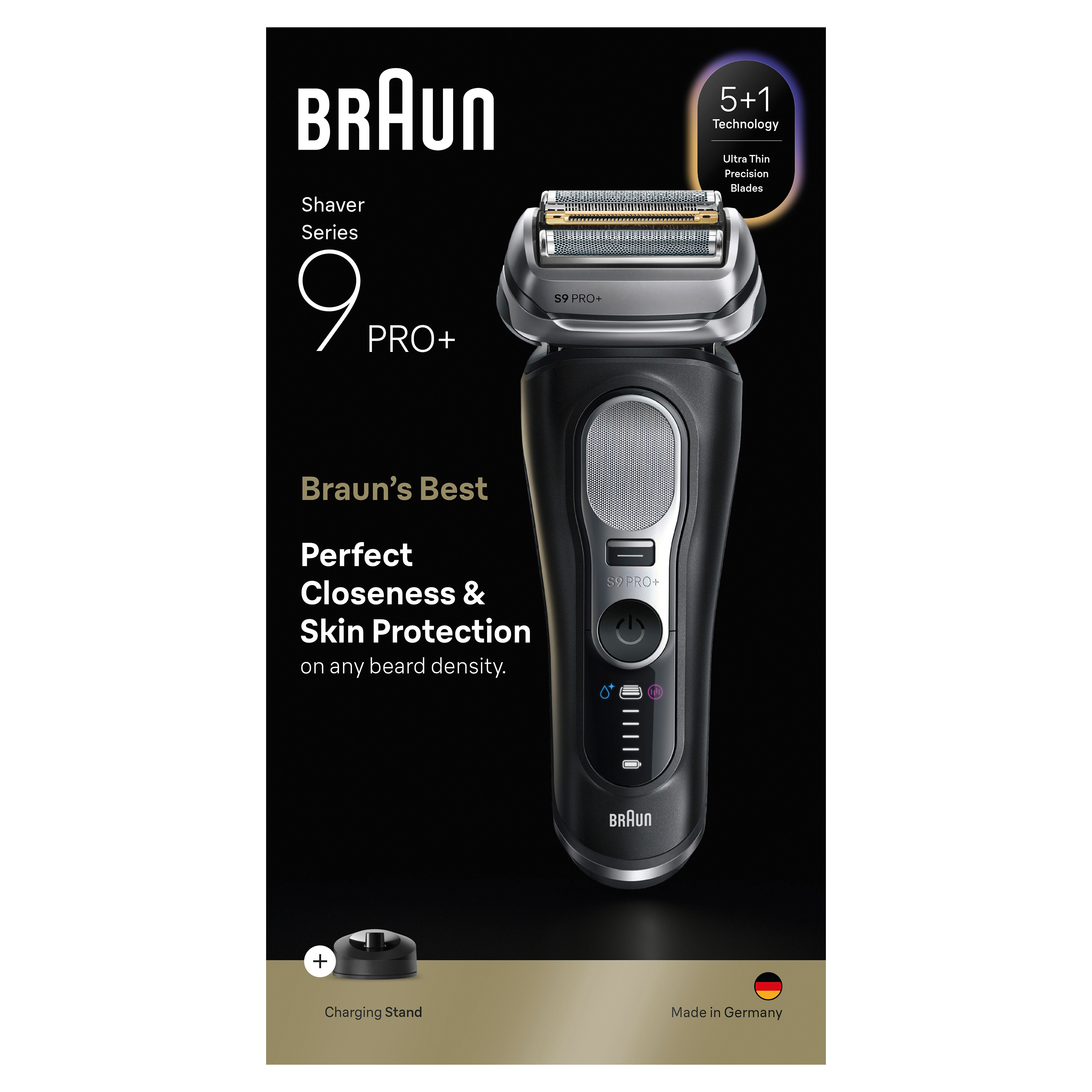 Braun Series 9 Pro+ Rasierer auf schwarzem Hintergrund. Merkmale sind Klingen, Ein-/Ausschalter und Ladestation. Hergestellt in Deutschland.