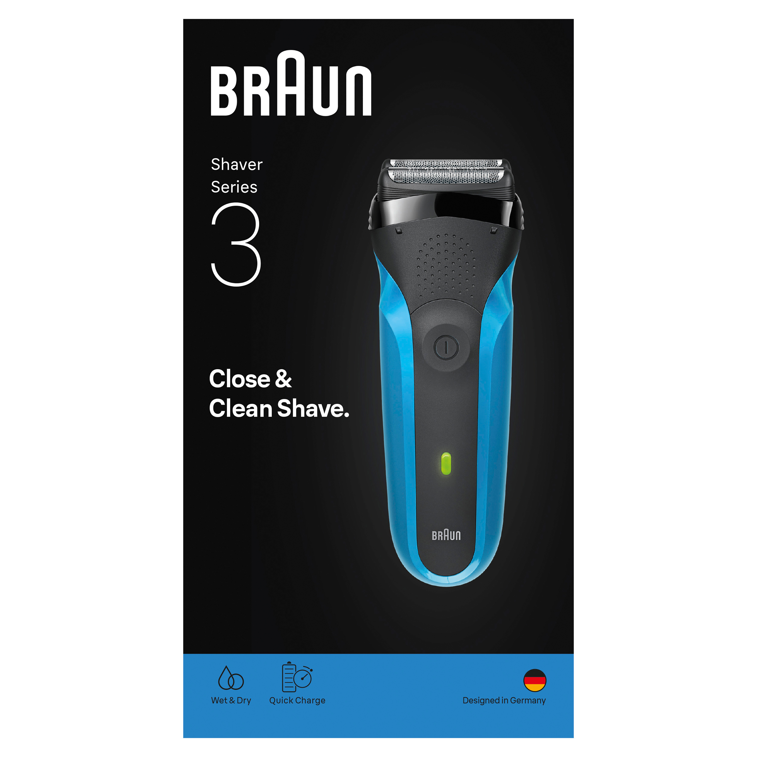 Ein Braun-Rasierer mit blauem Griff und schwarzen Akzenten. Der Text lautet Shaver Series 3, Close & Clean Shave. Designed in Germany.