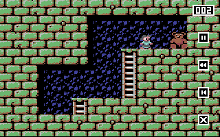 Pixelige Spielszene. Eine Figur steht in der Nähe eines Bären. Leitern und eine dunkle Öffnung befinden sich in der Ziegelmauer.