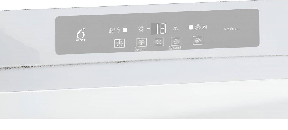 Panel sterowania lodówki z wyświetlaczem cyfrowym pokazującym -18. Różne ikony i etykiety, w tym 'No Frost'.