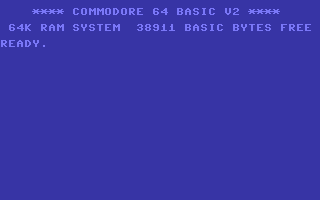 Ein Commodore 64-Bildschirm zeigt BASIC V2 mit Systeminfo und der Eingabeaufforderung 'READY.' auf blauem Grund.