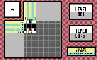 Verpixelter Spielbildschirm. Zeigt Level 001, Timer 00:51 und Spielelemente in einem Raster.