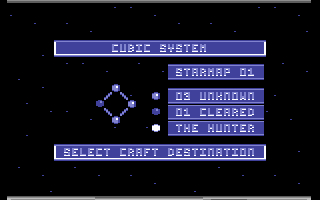 Eine Retro-Oberfläche zeigt eine Sternenkarte mit einer kubischen Systemauswahl. Optionen umfassen unbekannte Sektoren und The Hunter.